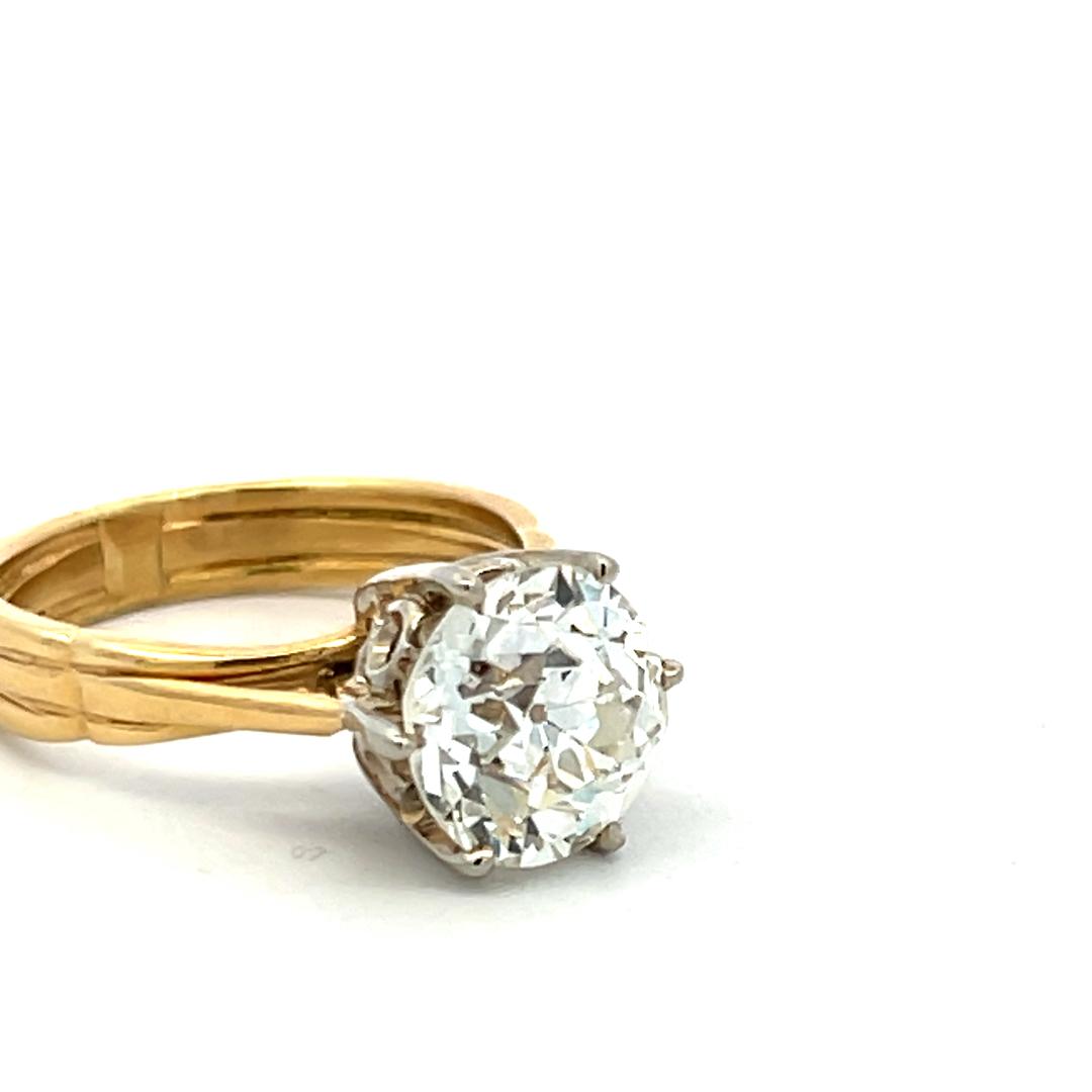 3.00 Carat Old European Cut J SI1 Diamond 14 Karat Two Tone Gold Engagement Ring