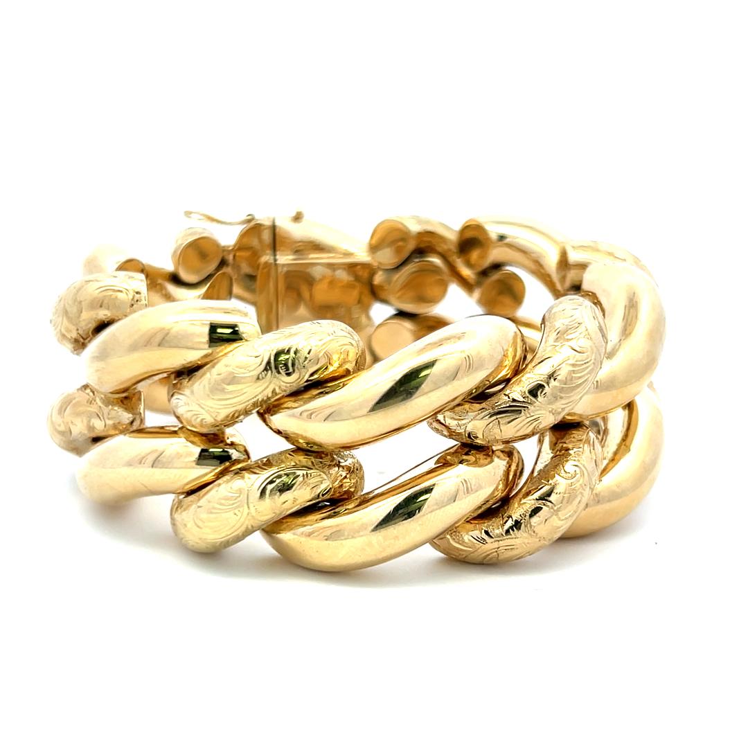Vintage 14 Karat Yellow Gold Engraved Curb-Link Bracelet 95 Grams