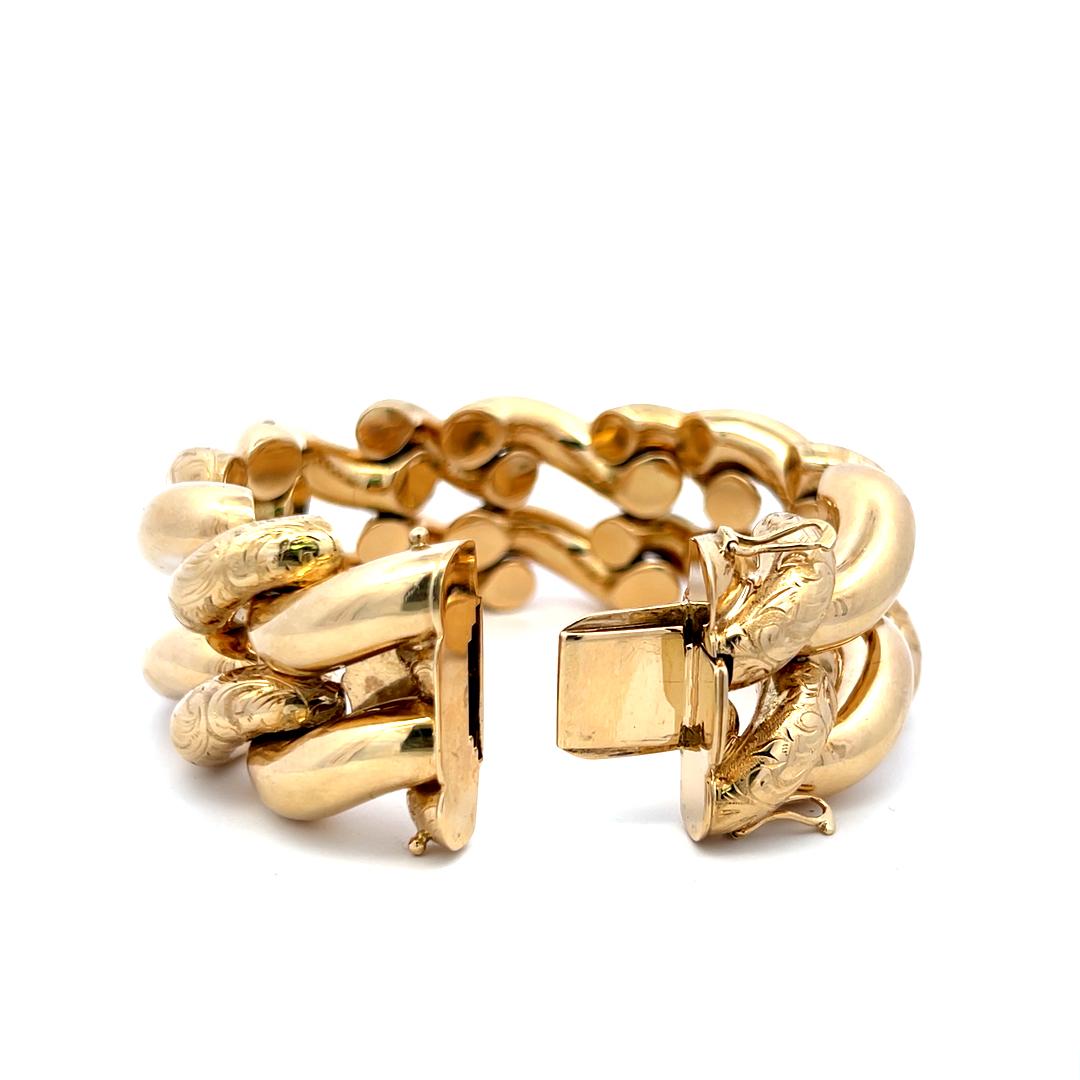 Vintage 14 Karat Yellow Gold Engraved Curb-Link Bracelet 95 Grams