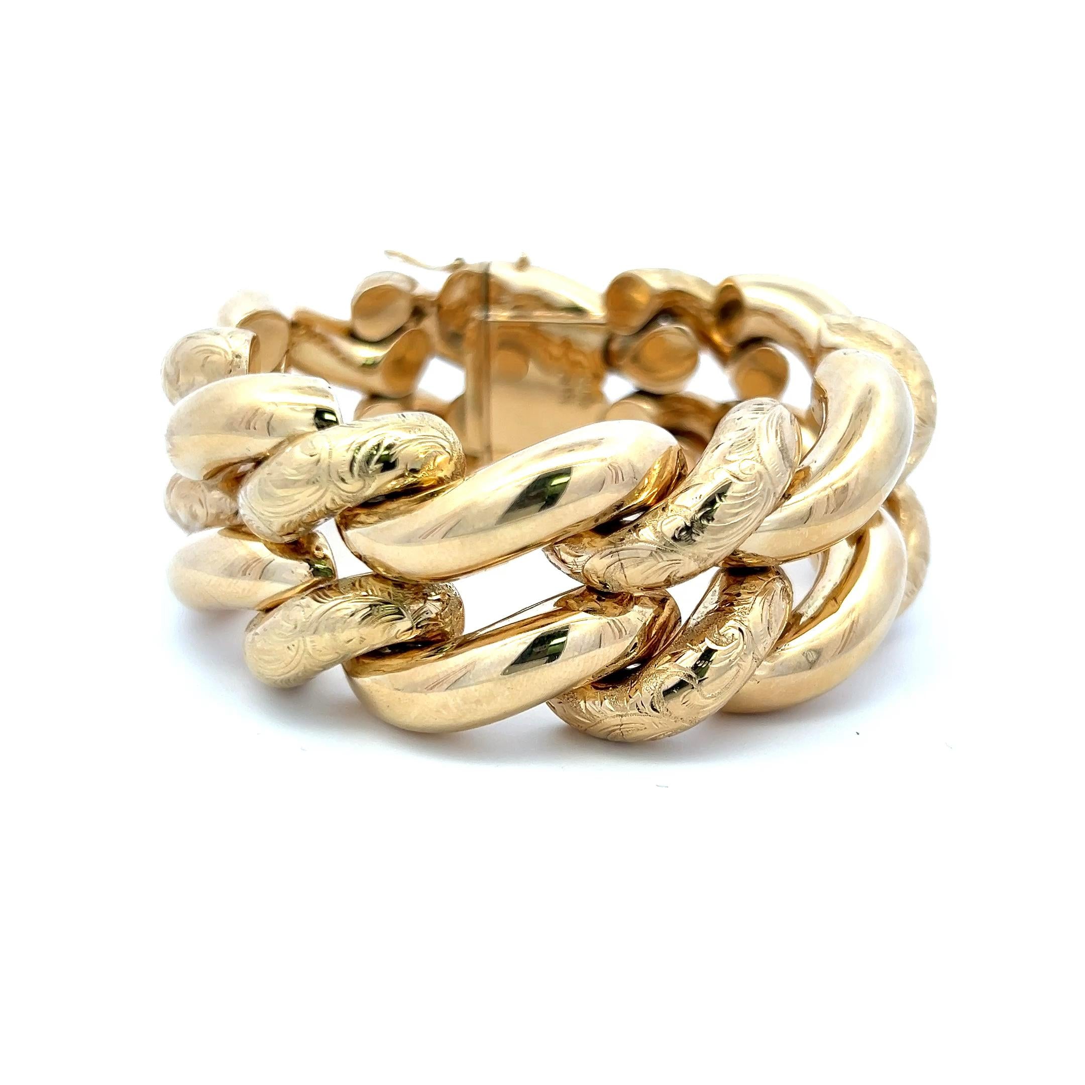 Vintage 14 Karat Yellow Gold Engraved Curb-Link Bracelet 95 Grams