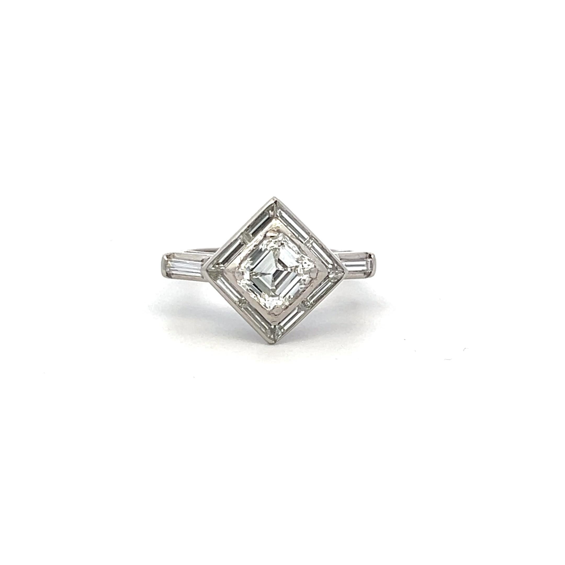 1.69 Carat Asscher Cut and Baguette Shape Diamond Platinum Engagement Ring