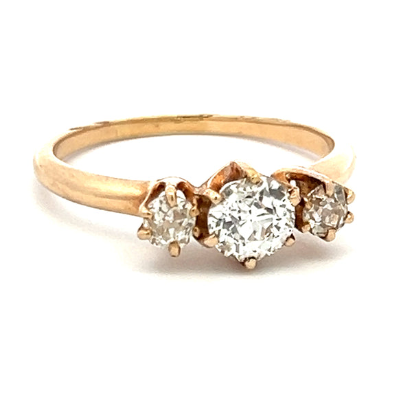 1.03 Carat Old European Cut And Round Diamond 18K Yellow Gold Three-Stone Ring