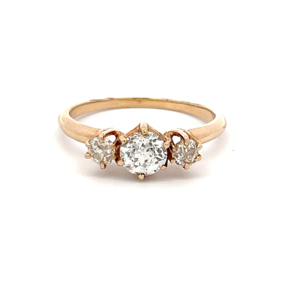 1.03 Carat Old European Cut And Round Diamond 18K Yellow Gold Three-Stone Ring