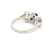 4.36 Carat Old European Cut Diamond 2.63 Carat Sapphire Platinum Three-Stone Ring