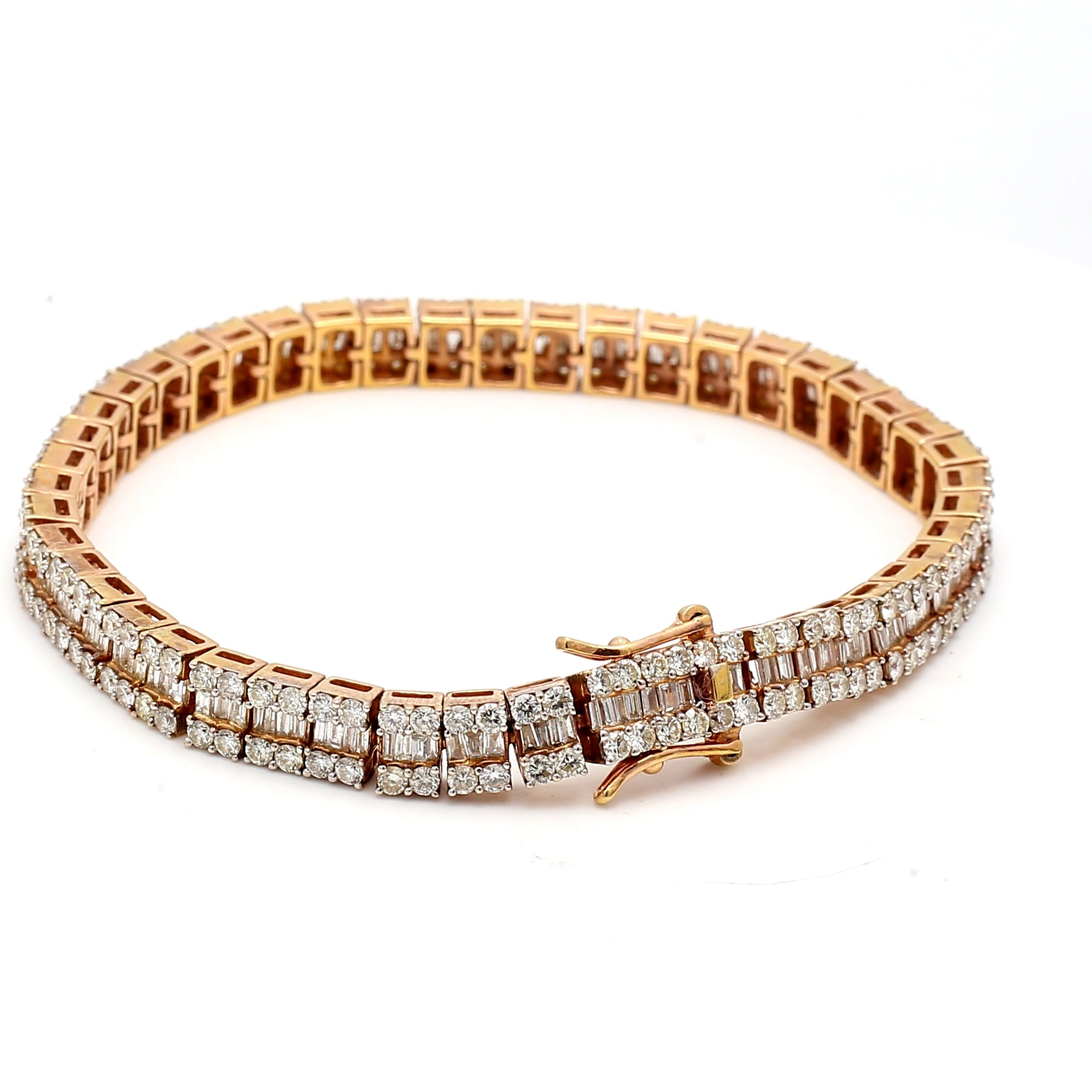 7.00 Carat Round Brilliant and Baguette Shape Diamond 14K Rose Gold Tennis Bracelet