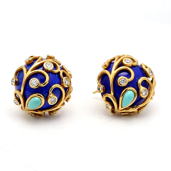 0.24 Carat Round Diamond Cabochon Lapis Lazuli 18K Yellow Gold Clip On Earrings