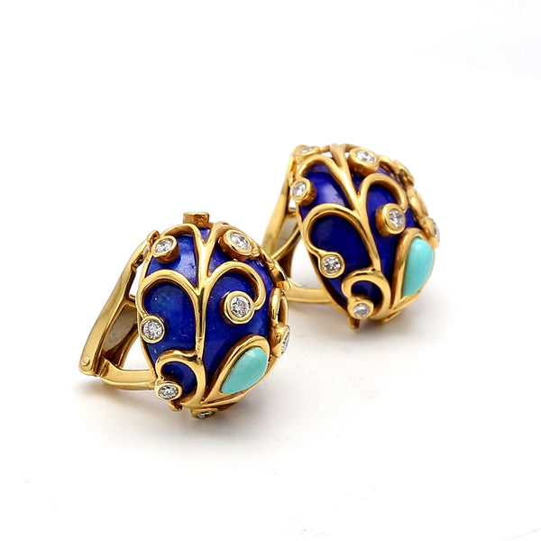 0.24 Carat Round Diamond Cabochon Lapis Lazuli 18K Yellow Gold Clip On Earrings