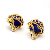 0.24 Carat Round Diamond Cabochon Lapis Lazuli 18K Yellow Gold Clip On Earrings