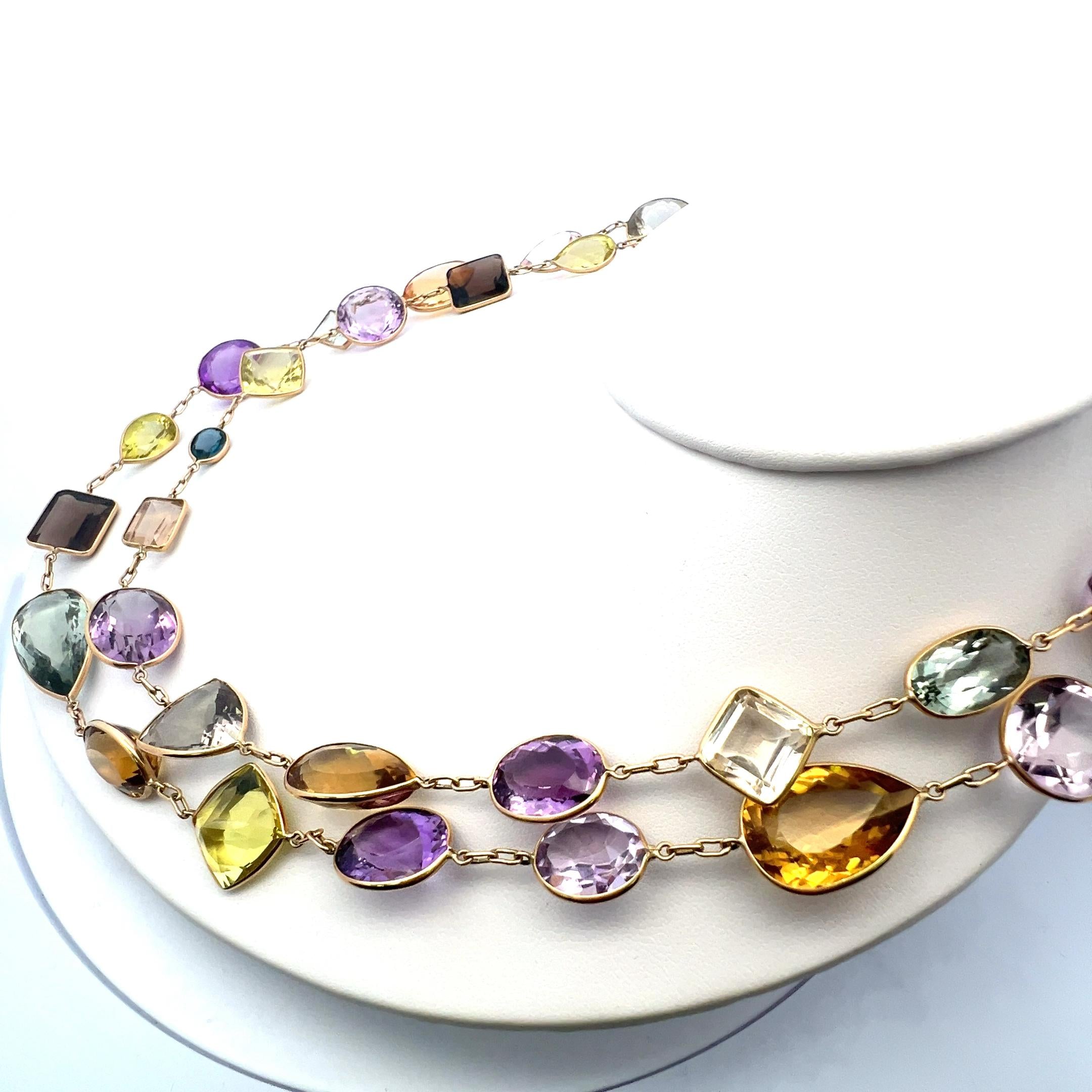 Vibrant 18 Karat Yellow Gold Multi-Gemstone Necklace 84.3 Grams 41 Inch long