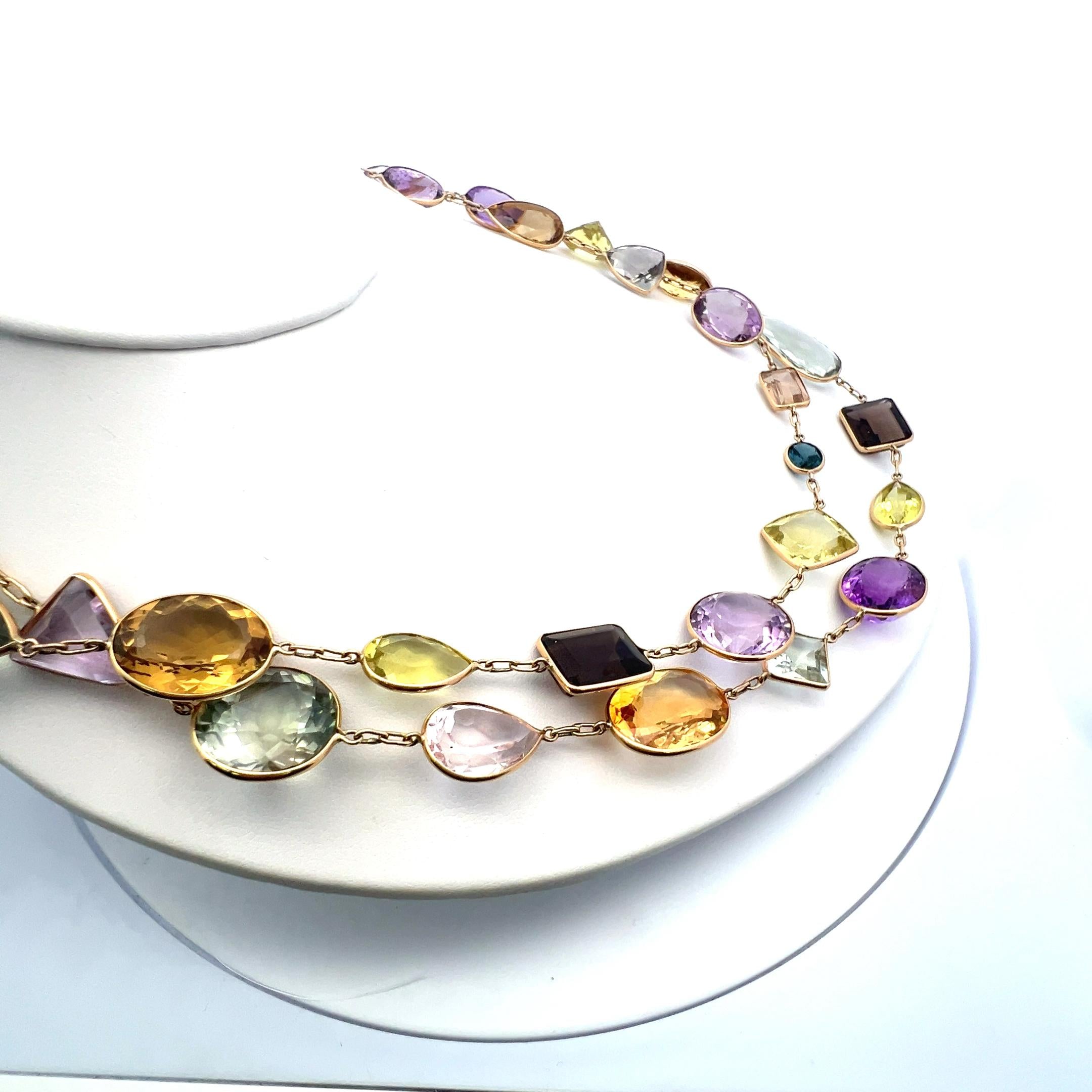 Vibrant 18 Karat Yellow Gold Multi-Gemstone Necklace 84.3 Grams 41 Inch long