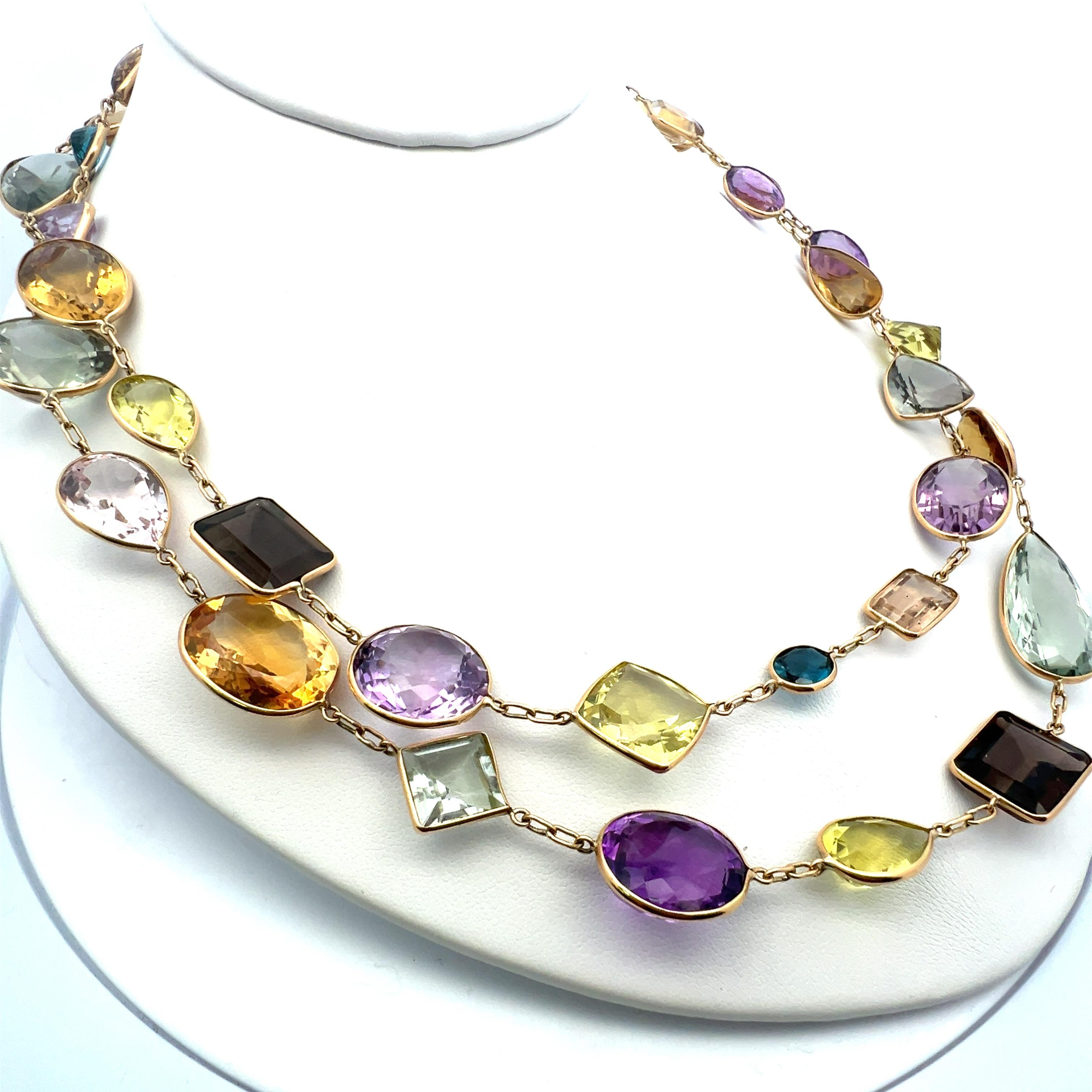 Vibrant 18 Karat Yellow Gold Multi-Gemstone Necklace 84.3 Grams 41 Inch long