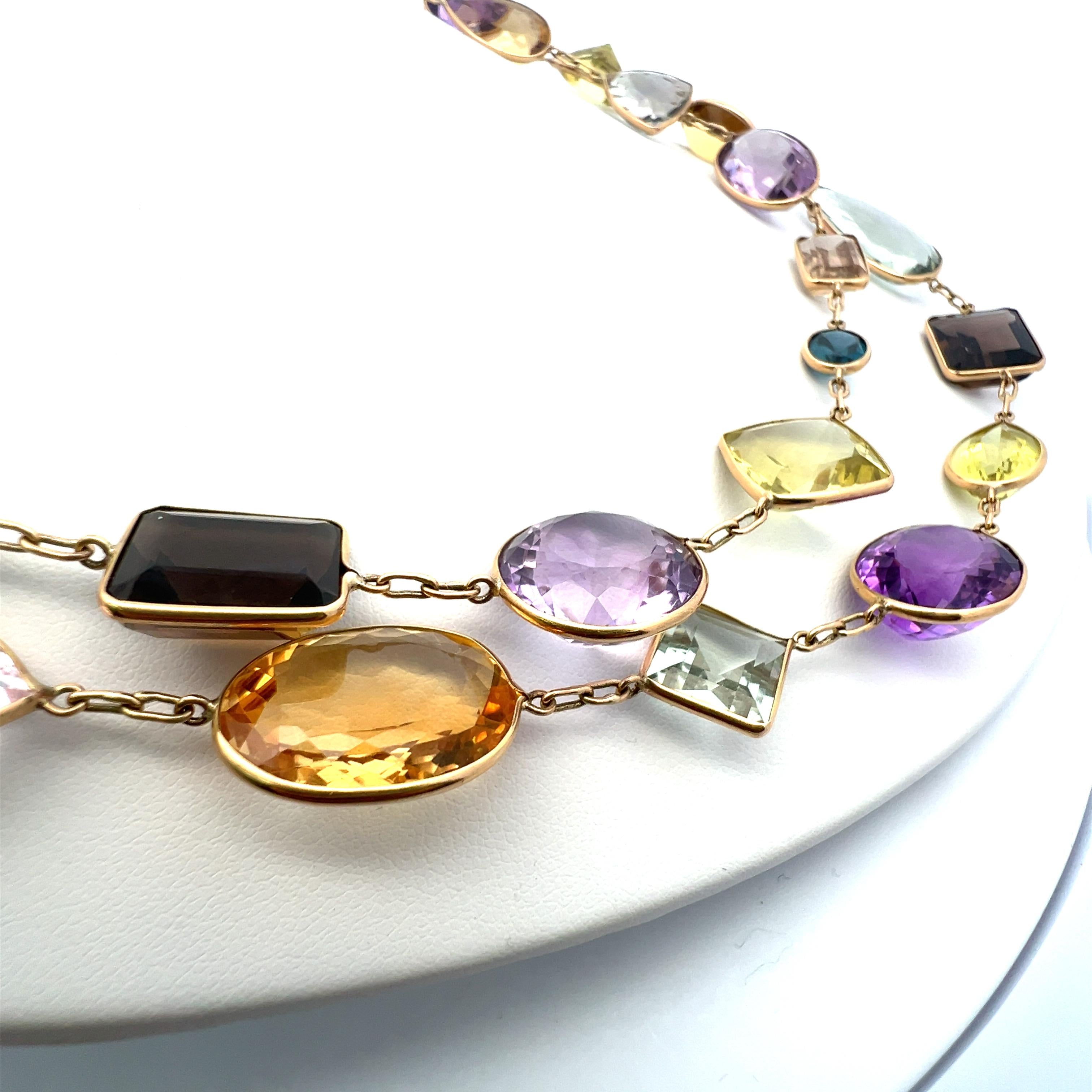 Vibrant 18 Karat Yellow Gold Multi-Gemstone Necklace 84.3 Grams 41 Inch long