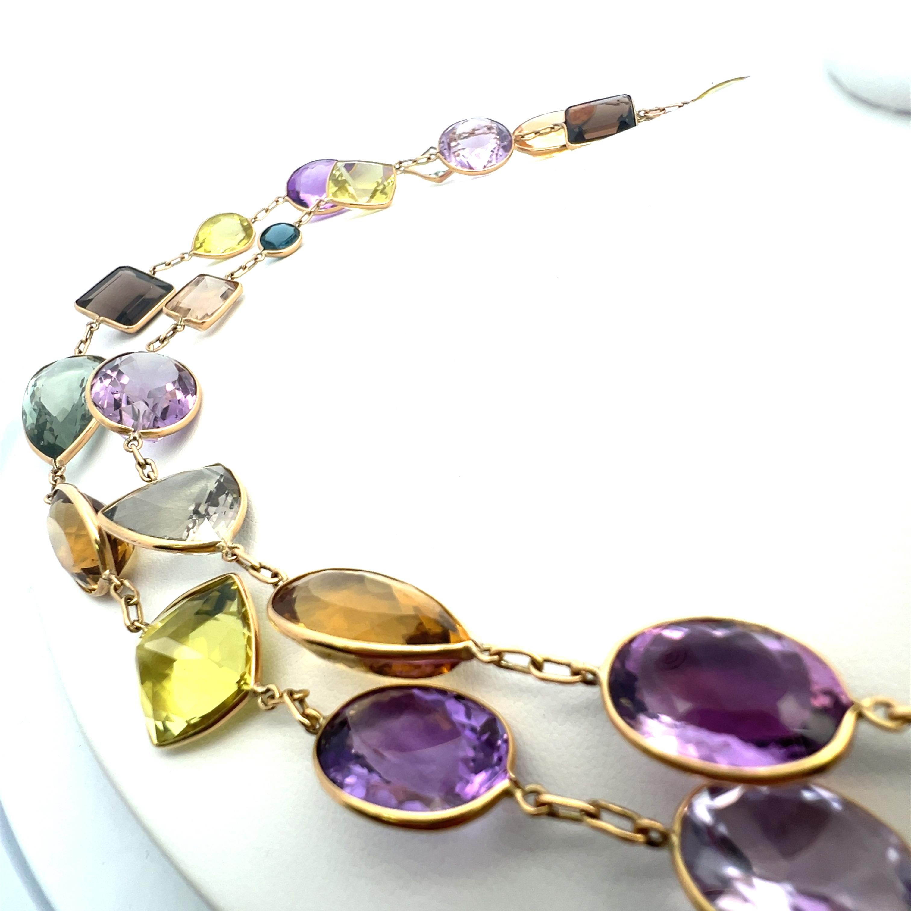 Vibrant 18 Karat Yellow Gold Multi-Gemstone Necklace 84.3 Grams 41 Inch long