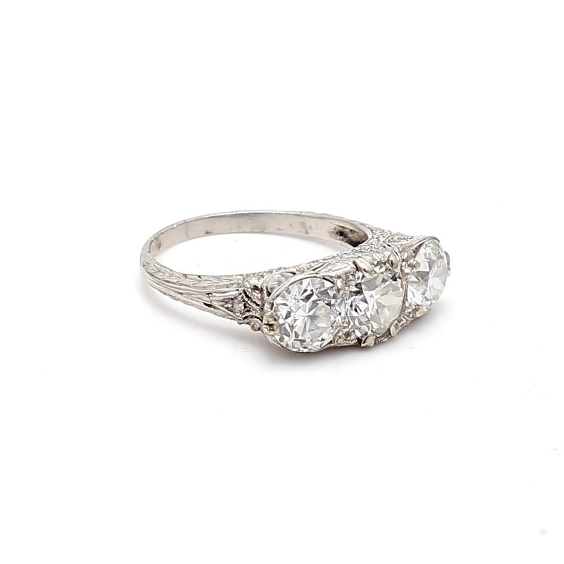 2.39 Carat F-G-H VS Diamond Platinum Three-Stone Antique Circular Cut Ring