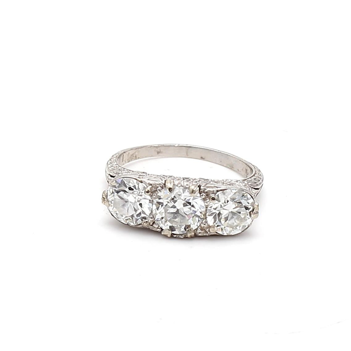 2.39 Carat F-G-H VS Diamond Platinum Three-Stone Antique Circular Cut Ring