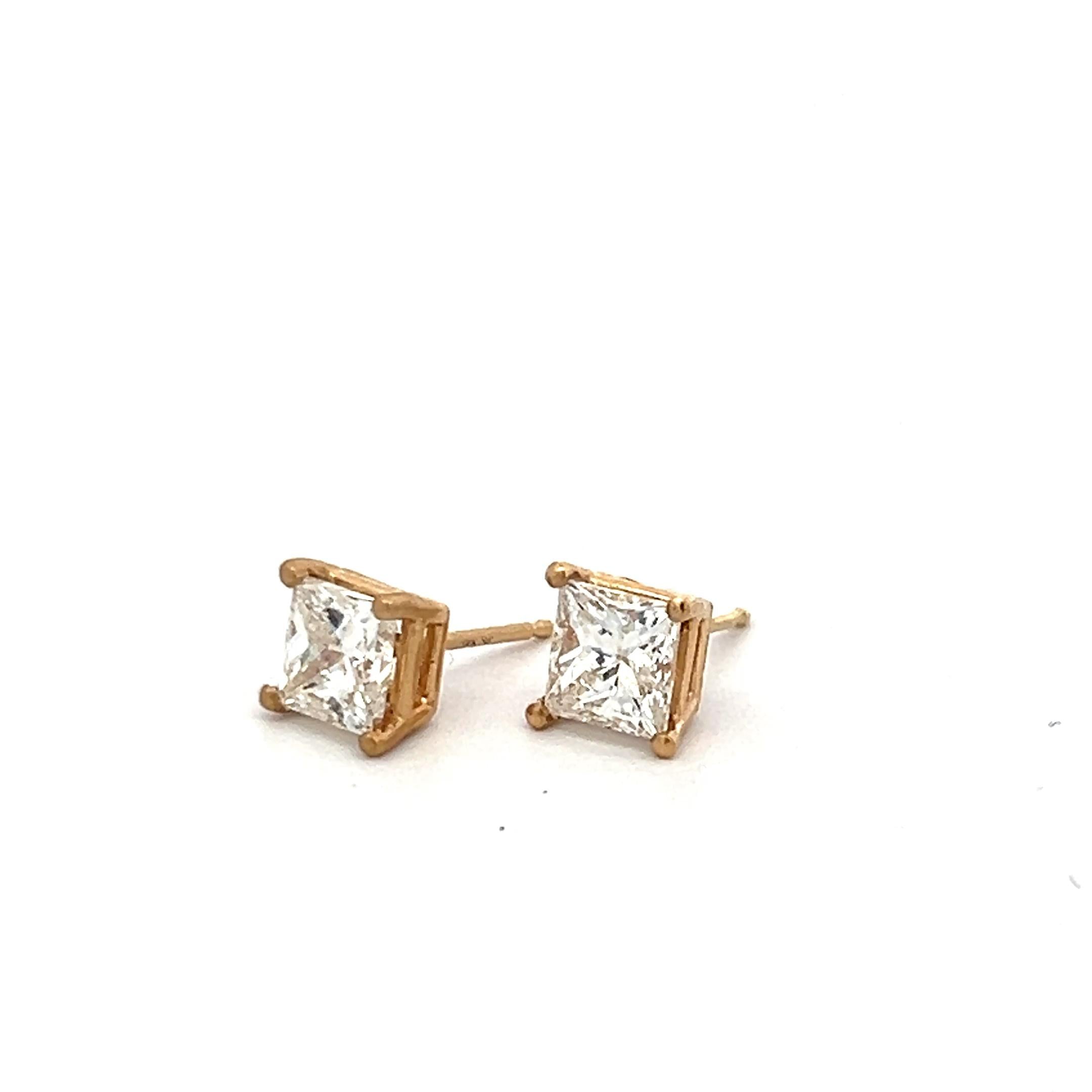 1.86 Carat Princess Cut H-G SI2 Diamond 14 Karat Yellow Gold Stud Earrings