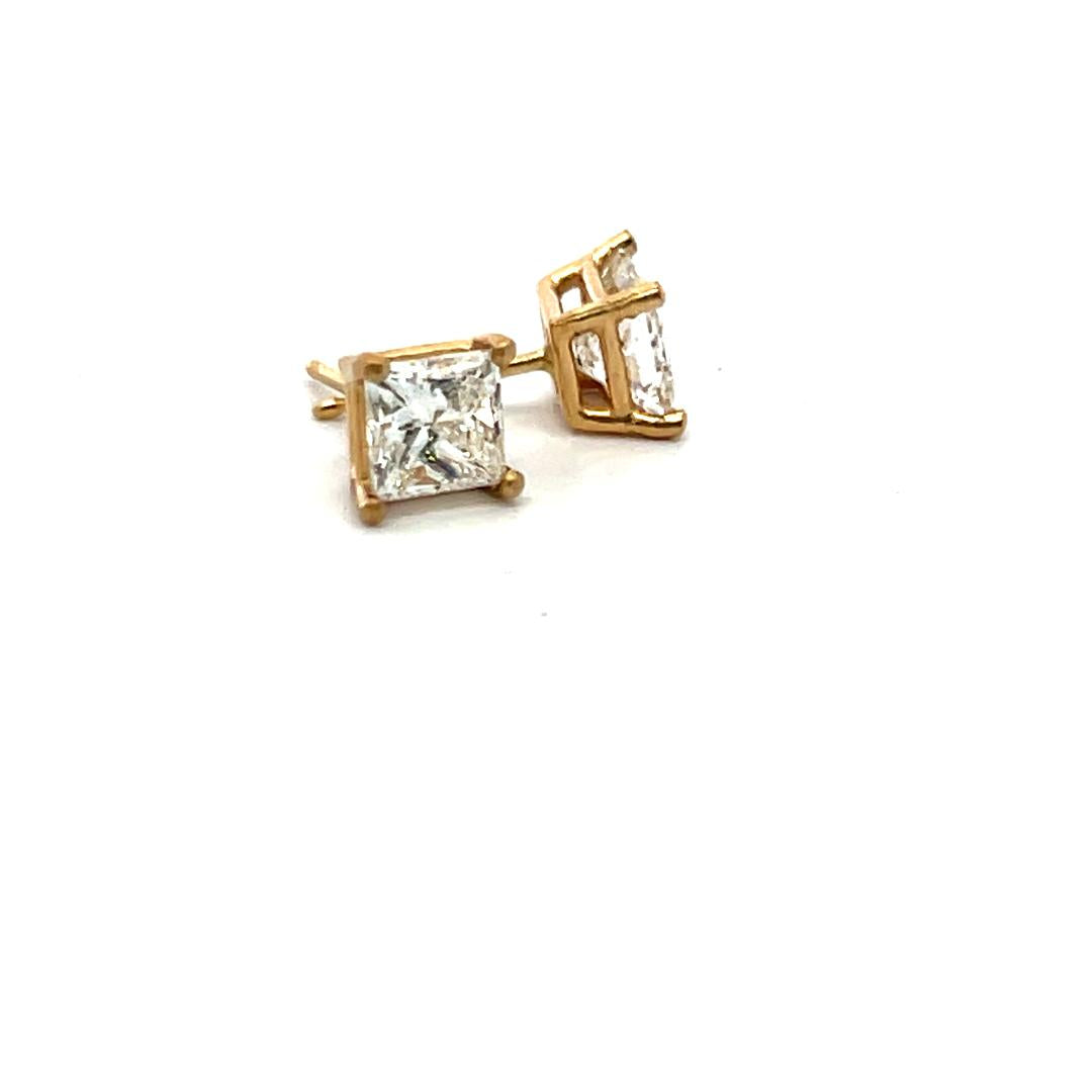 1.86 Carat Princess Cut H-G SI2 Diamond 14 Karat Yellow Gold Stud Earrings