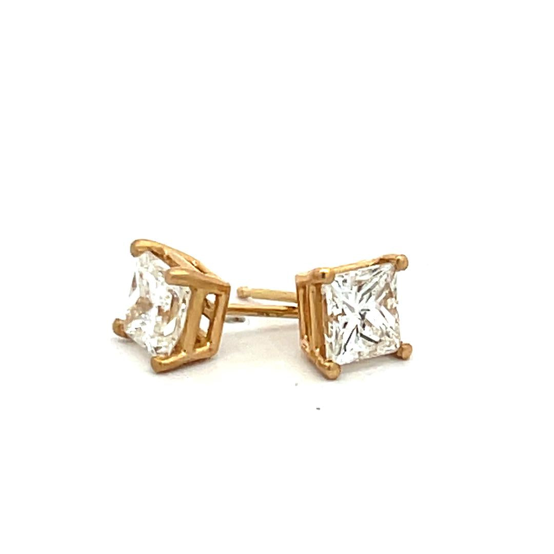 1.86 Carat Princess Cut H-G SI2 Diamond 14 Karat Yellow Gold Stud Earrings