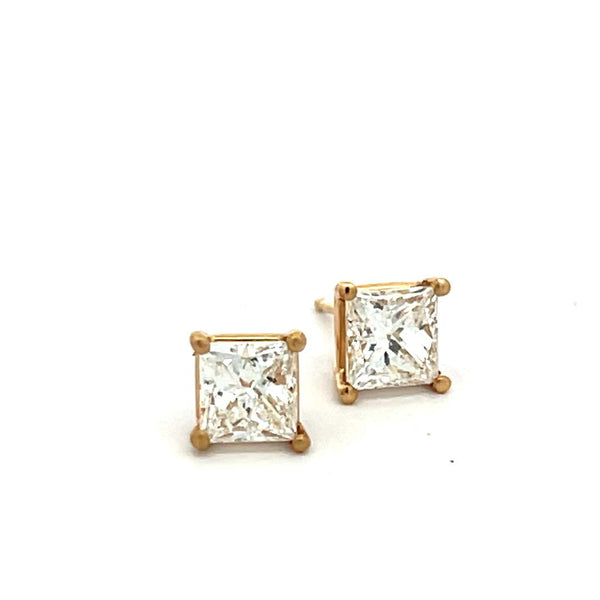 1.86 Carat Princess Cut H-G SI2 Diamond 14 Karat Yellow Gold Stud Earrings