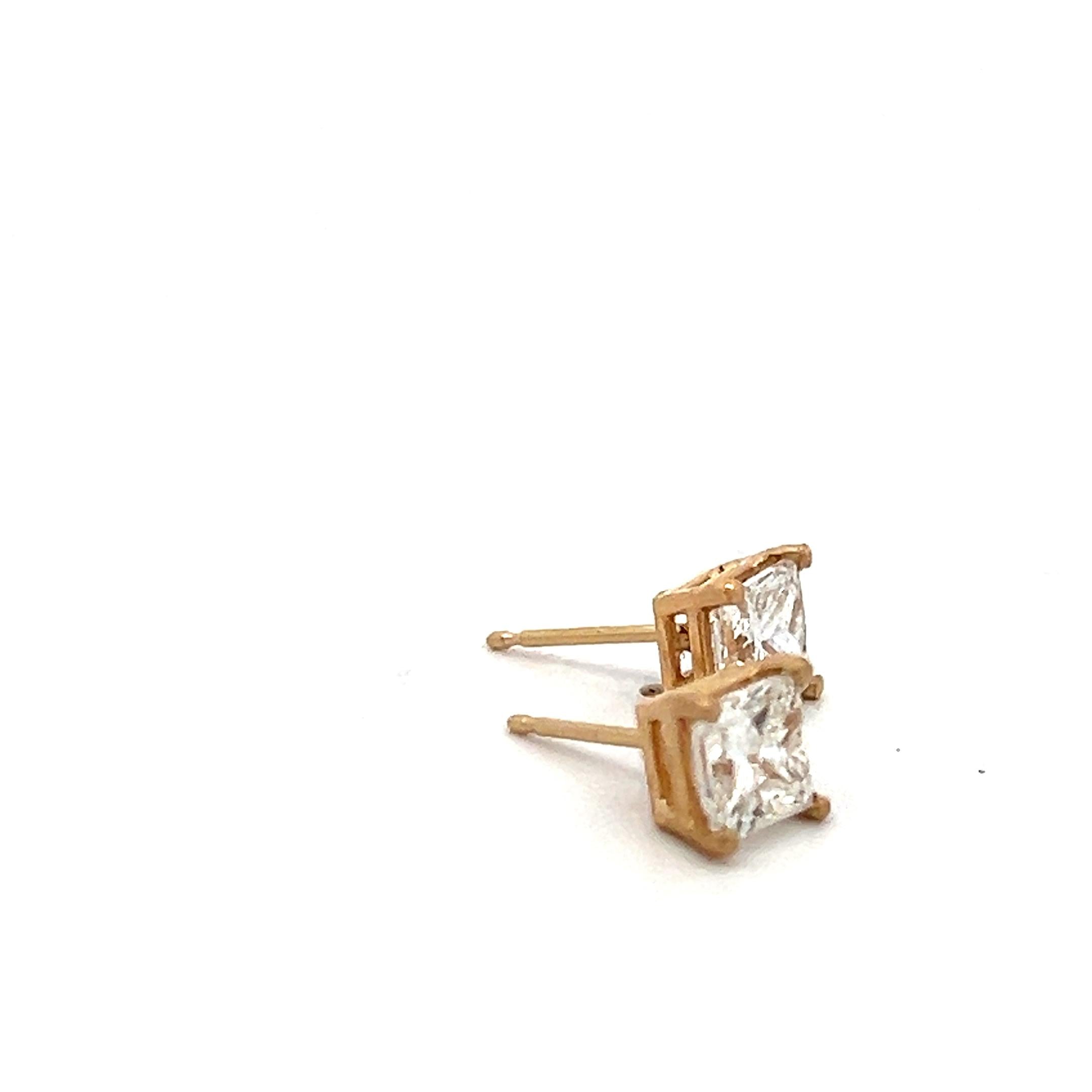 1.86 Carat Princess Cut H-G SI2 Diamond 14 Karat Yellow Gold Stud Earrings
