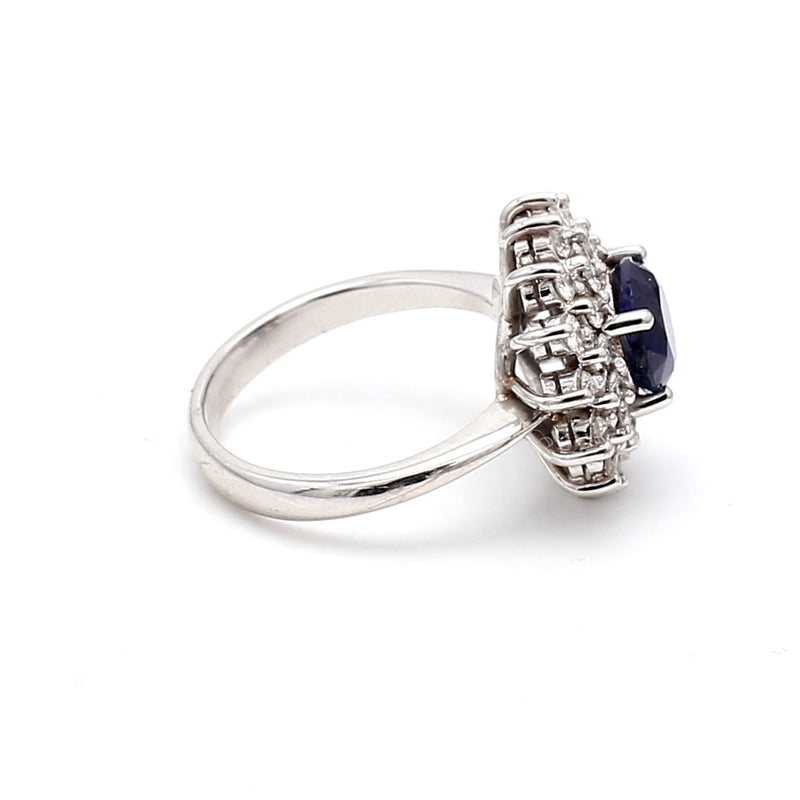 1.40 Carat Sapphire 0.70 Carat Round Brilliant Diamond 18K White Gold Halo Ring