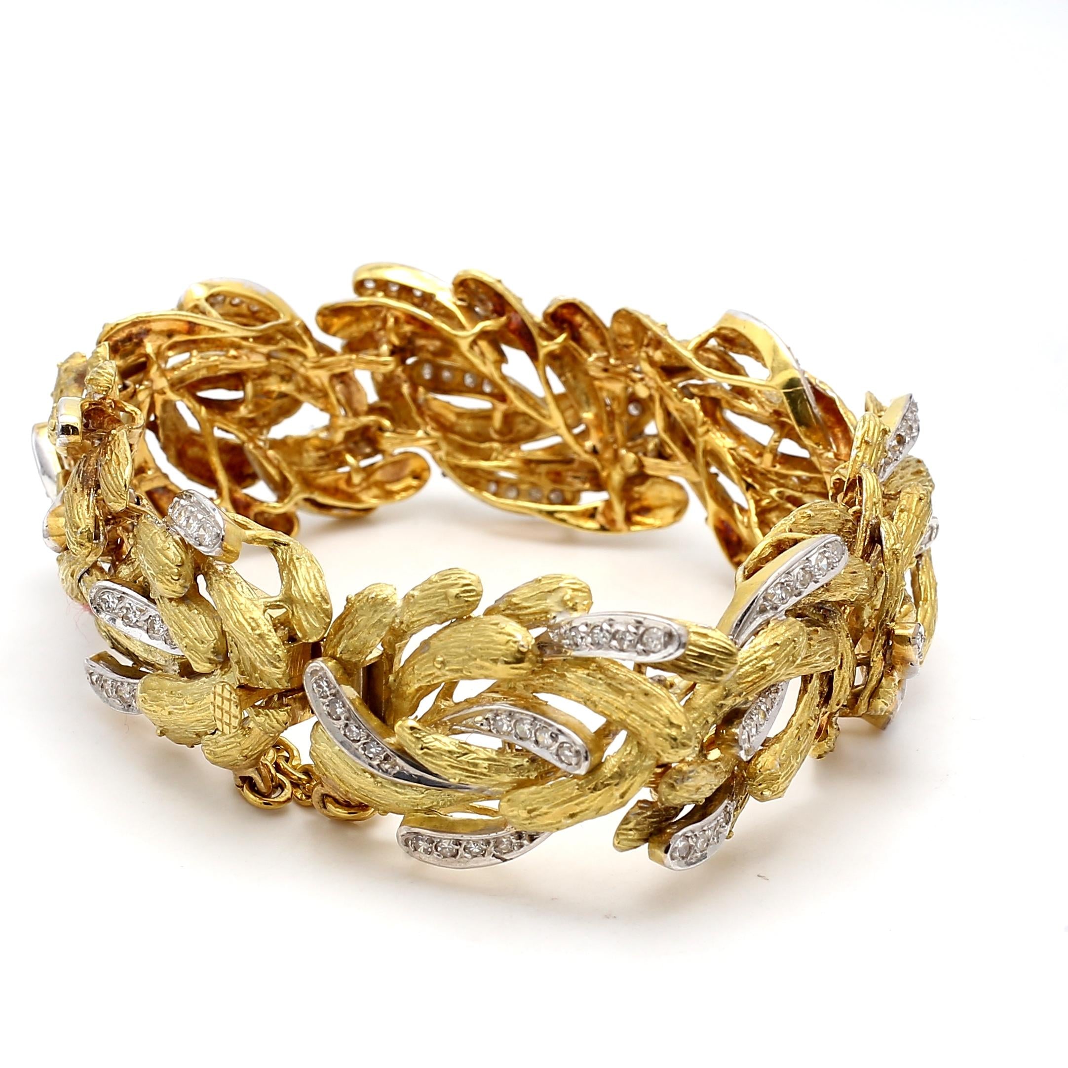 Vintage 18K Yellow Gold Link Bracelet 2 Carat Round H-SI Diamonds