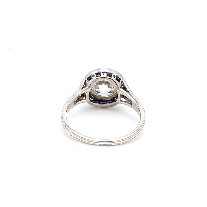 1.55 Carat Old European Cut I VVS2 Diamond 0.15 Carat Sapphire Platinum Halo Ring