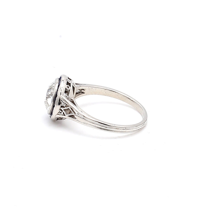 1.55 Carat Old European Cut I VVS2 Diamond 0.15 Carat Sapphire Platinum Halo Ring