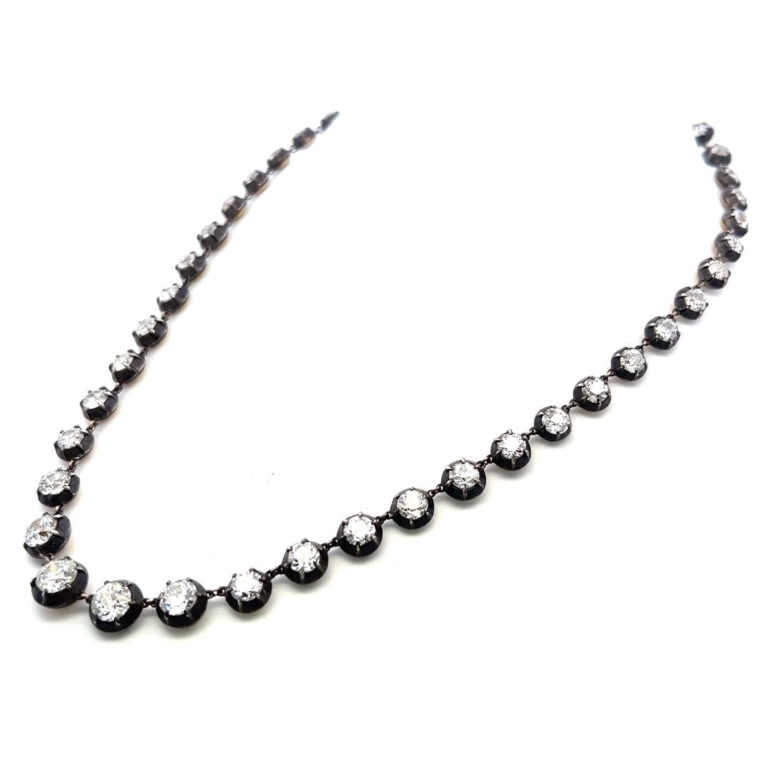 14K Two Tone Gold Riviera Necklace 6.15ct Old European & Circular Diamonds GIA