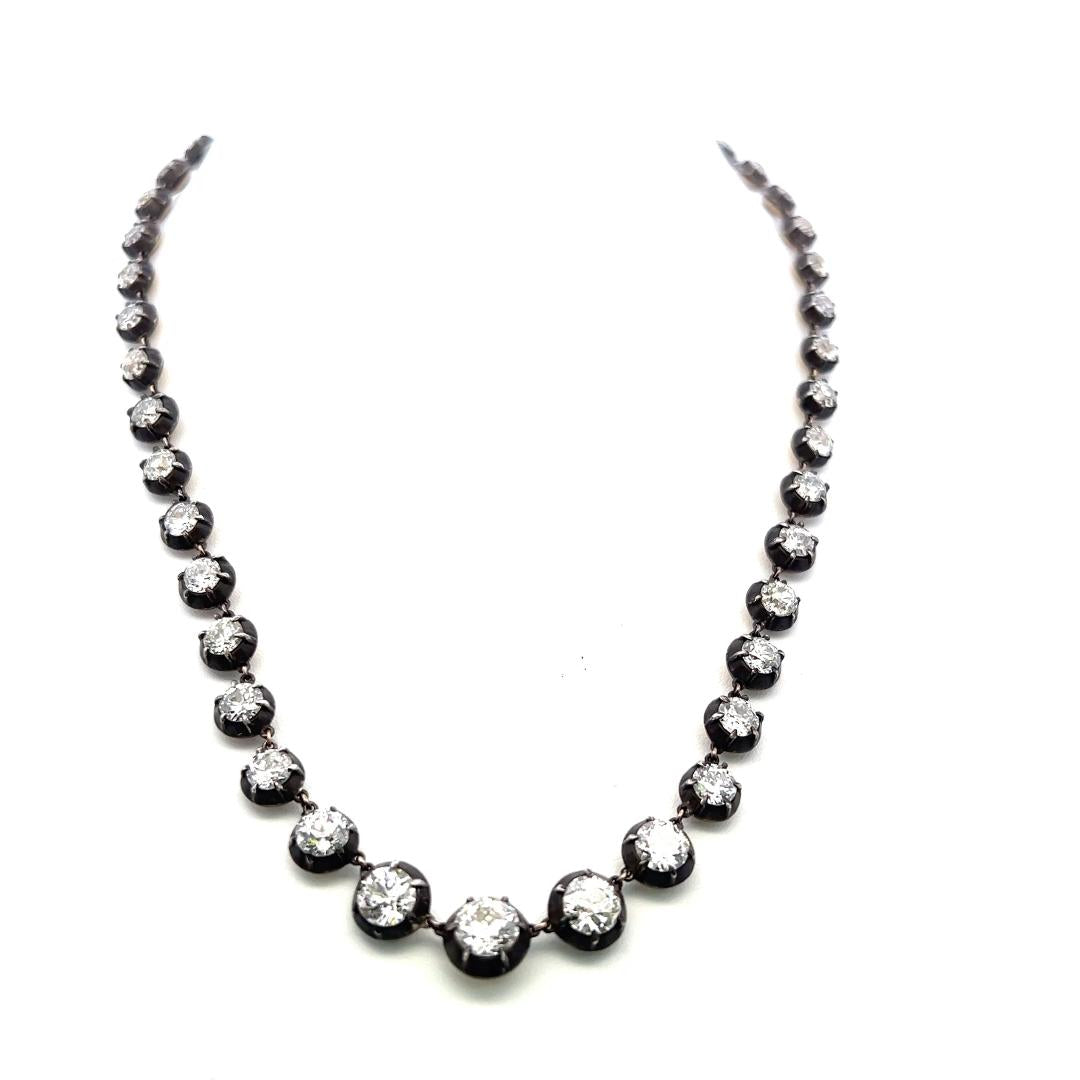 14K Two Tone Gold Riviera Necklace 6.15ct Old European & Circular Diamonds GIA