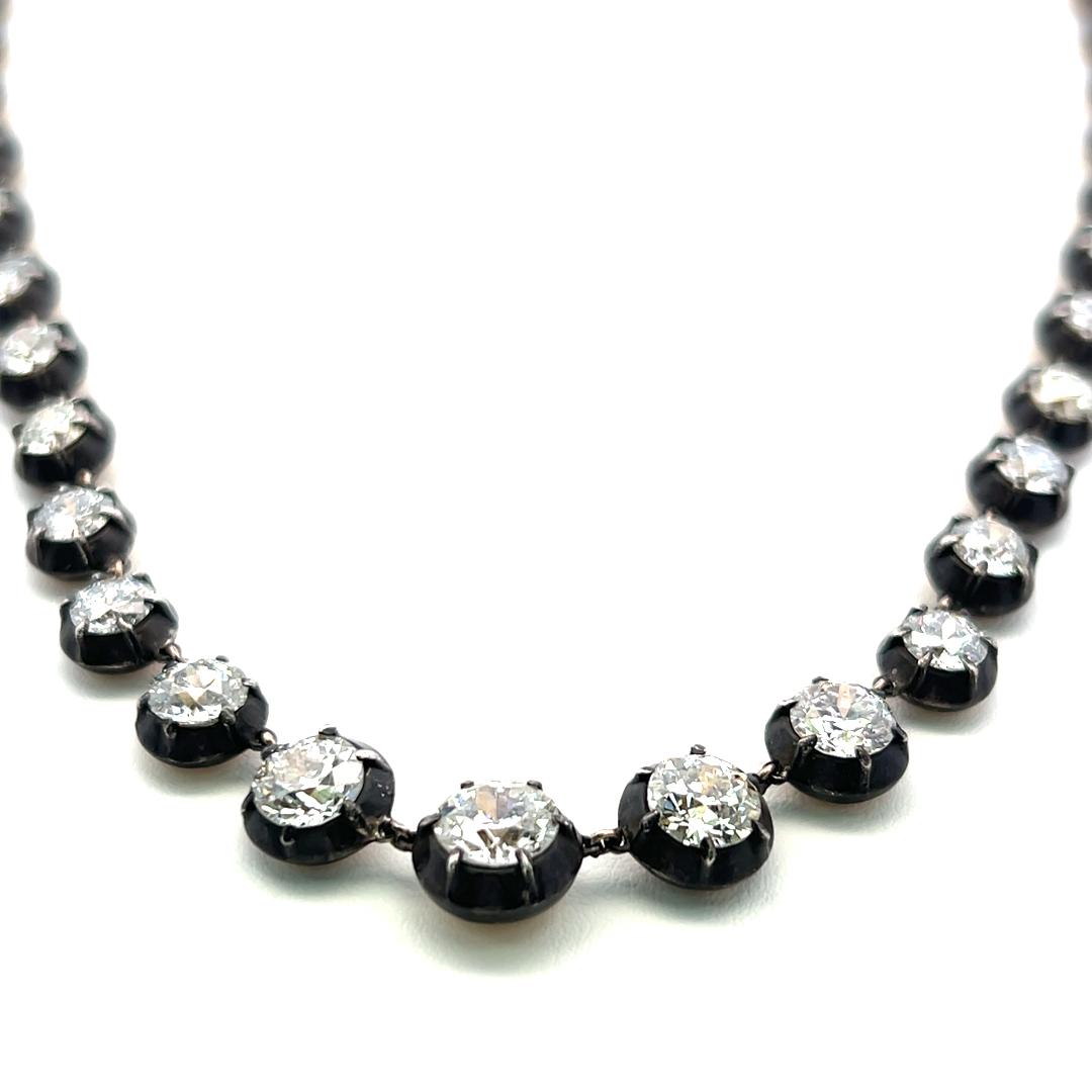 14K Two Tone Gold Riviera Necklace 6.15ct Old European & Circular Diamonds GIA