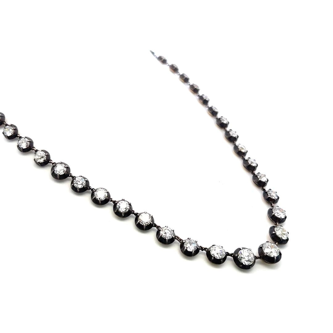 14K Two Tone Gold Riviera Necklace 6.15ct Old European & Circular Diamonds GIA