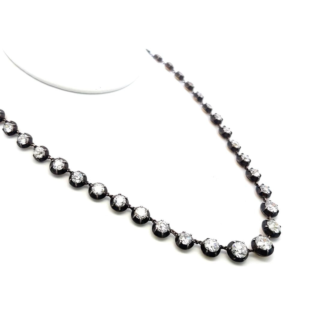 14K Two Tone Gold Riviera Necklace 24.26ct Old European & Circular Diamonds GIA