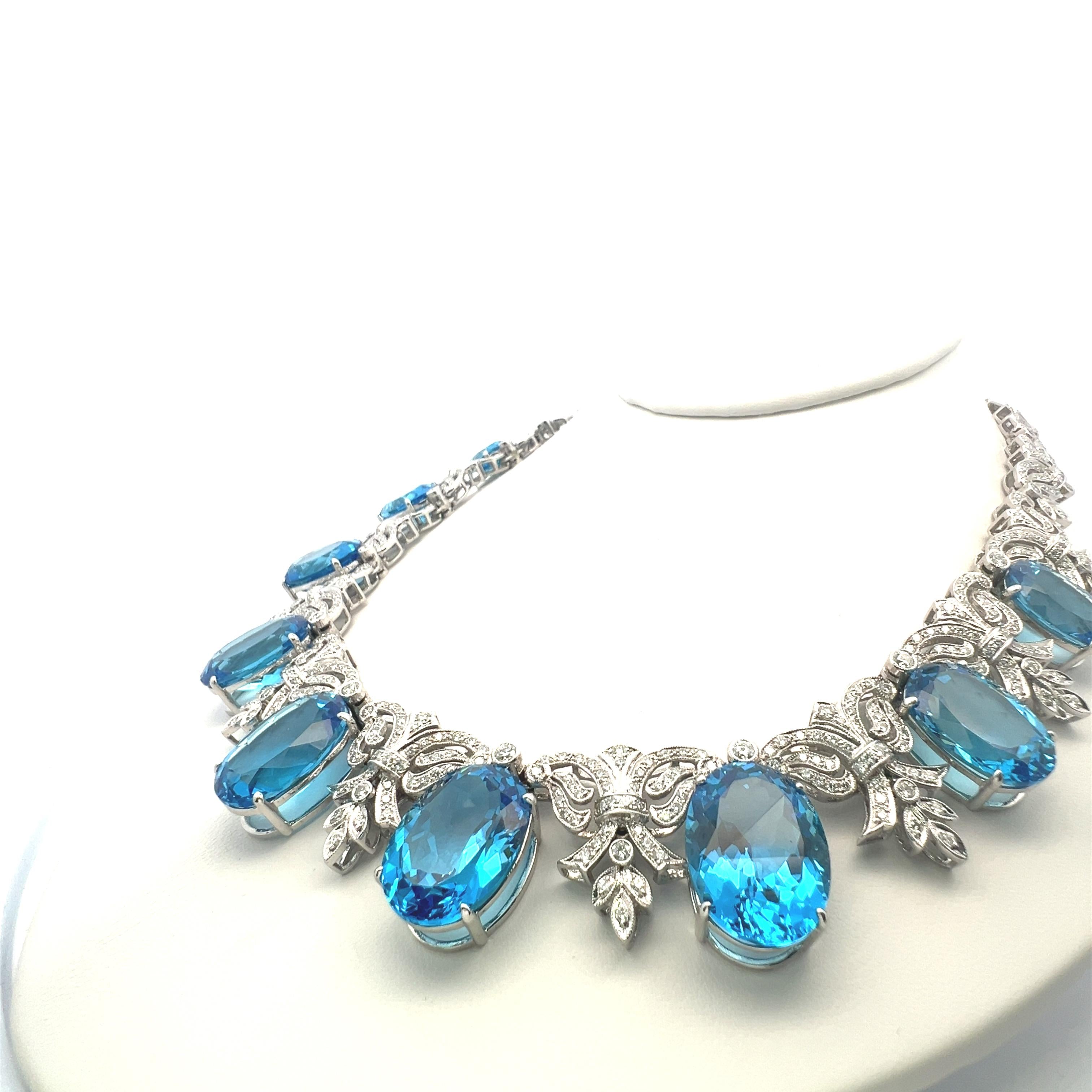 200ct Blue Oval Gemstone and 17ct Diamond 10K WG Vintage Statement Necklace