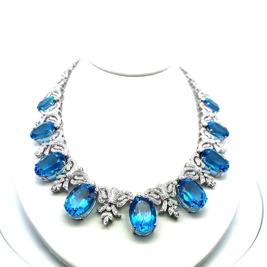 200ct Blue Oval Gemstone and 17ct Diamond 10K WG Vintage Statement Necklace