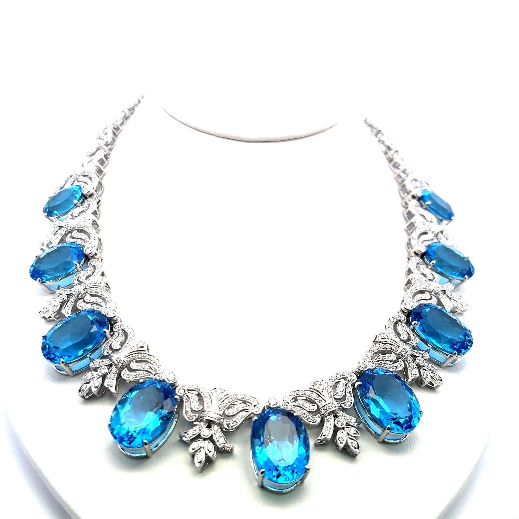 200ct Blue Oval Gemstone and 17ct Diamond 10K WG Vintage Statement Necklace