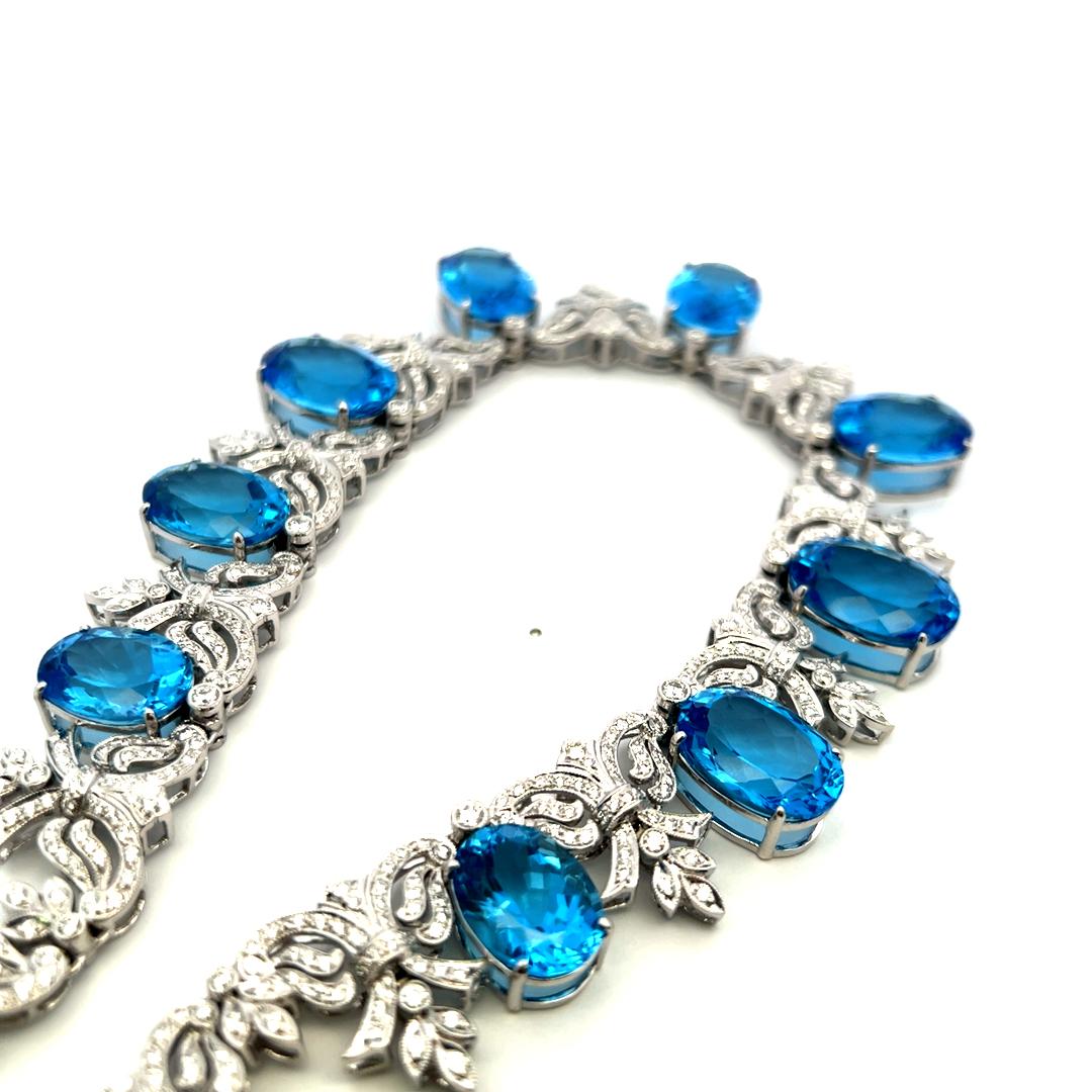 200ct Blue Oval Gemstone and 17ct Diamond 10K WG Vintage Statement Necklace