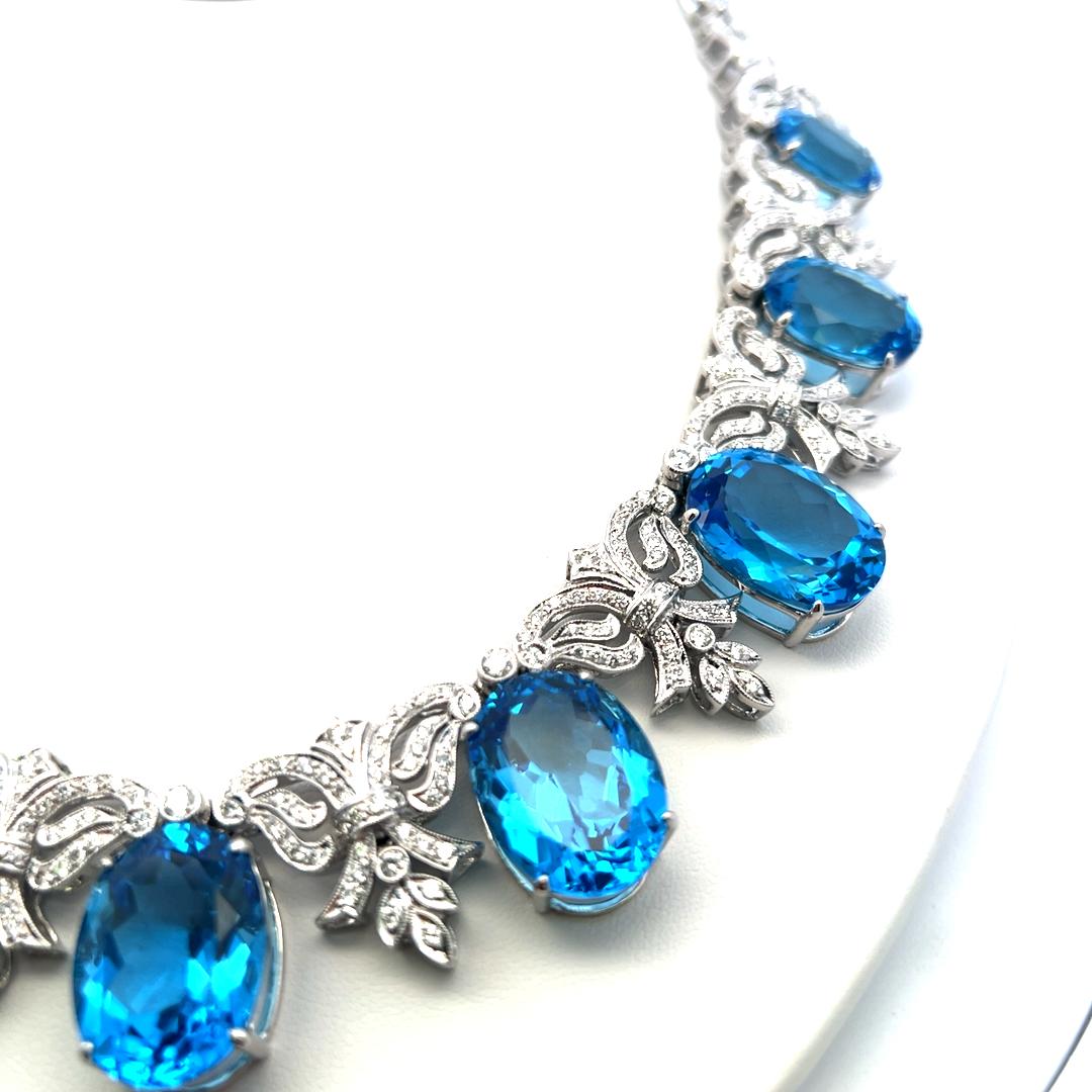 200ct Blue Oval Gemstone and 17ct Diamond 10K WG Vintage Statement Necklace
