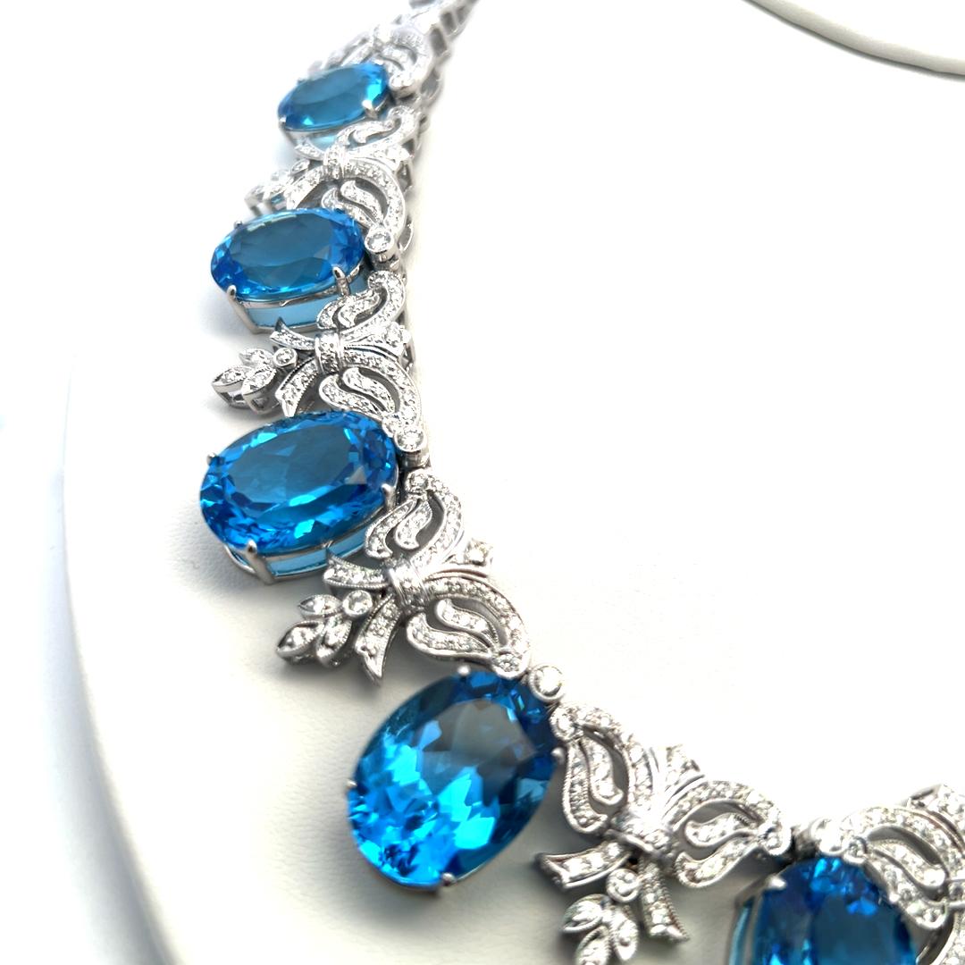 200ct Blue Oval Gemstone and 17ct Diamond 10K WG Vintage Statement Necklace