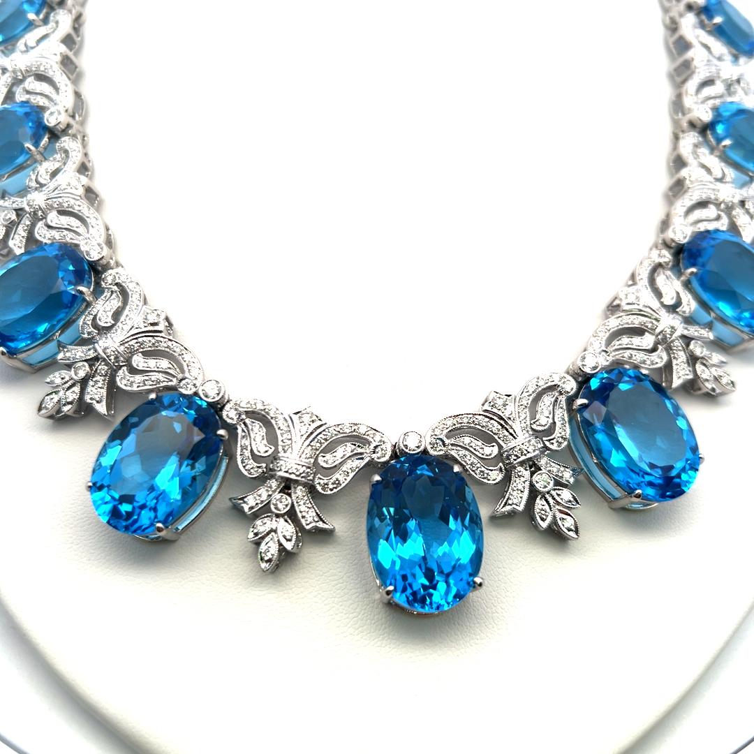 200ct Blue Oval Gemstone and 17ct Diamond 10K WG Vintage Statement Necklace