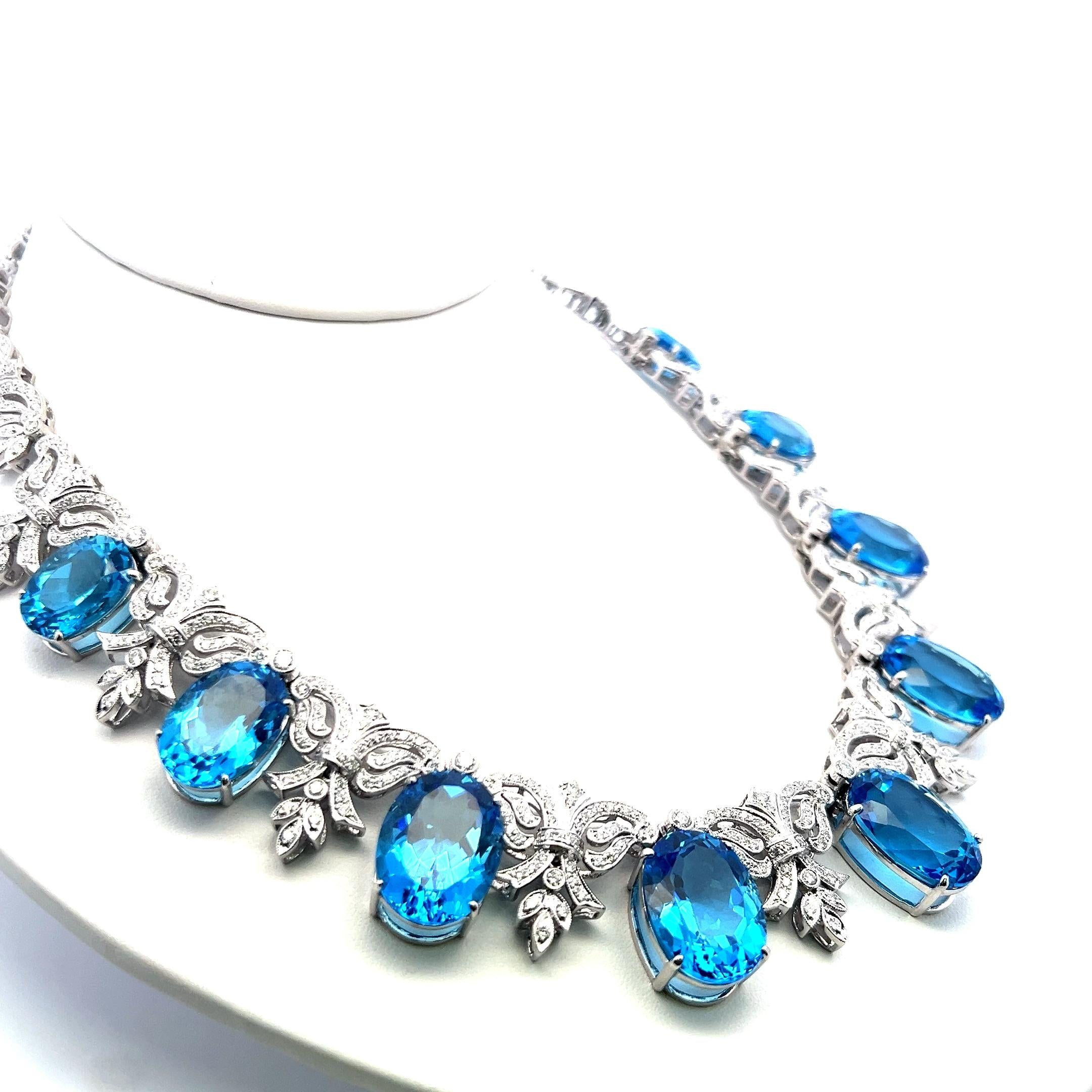 200ct Blue Oval Gemstone and 17ct Diamond 10K WG Vintage Statement Necklace
