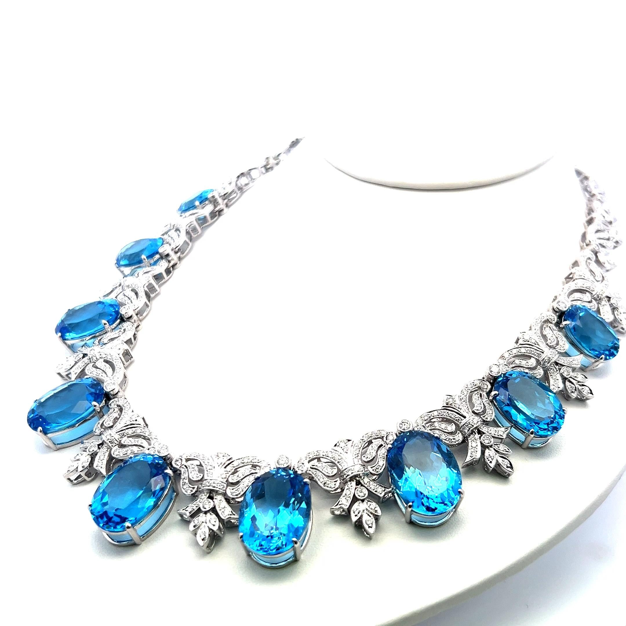 200ct Blue Oval Gemstone and 17ct Diamond 10K WG Vintage Statement Necklace