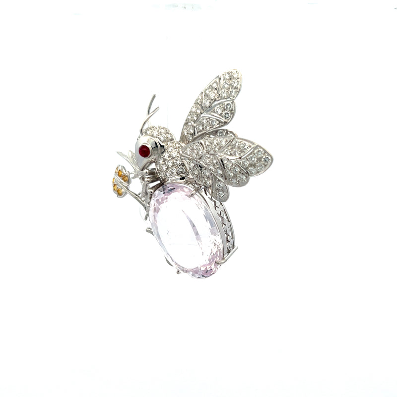 30.00 Carat Kunzite 2.20 Carat Round Brilliant Diamond 18K White Gold Pin Brooch