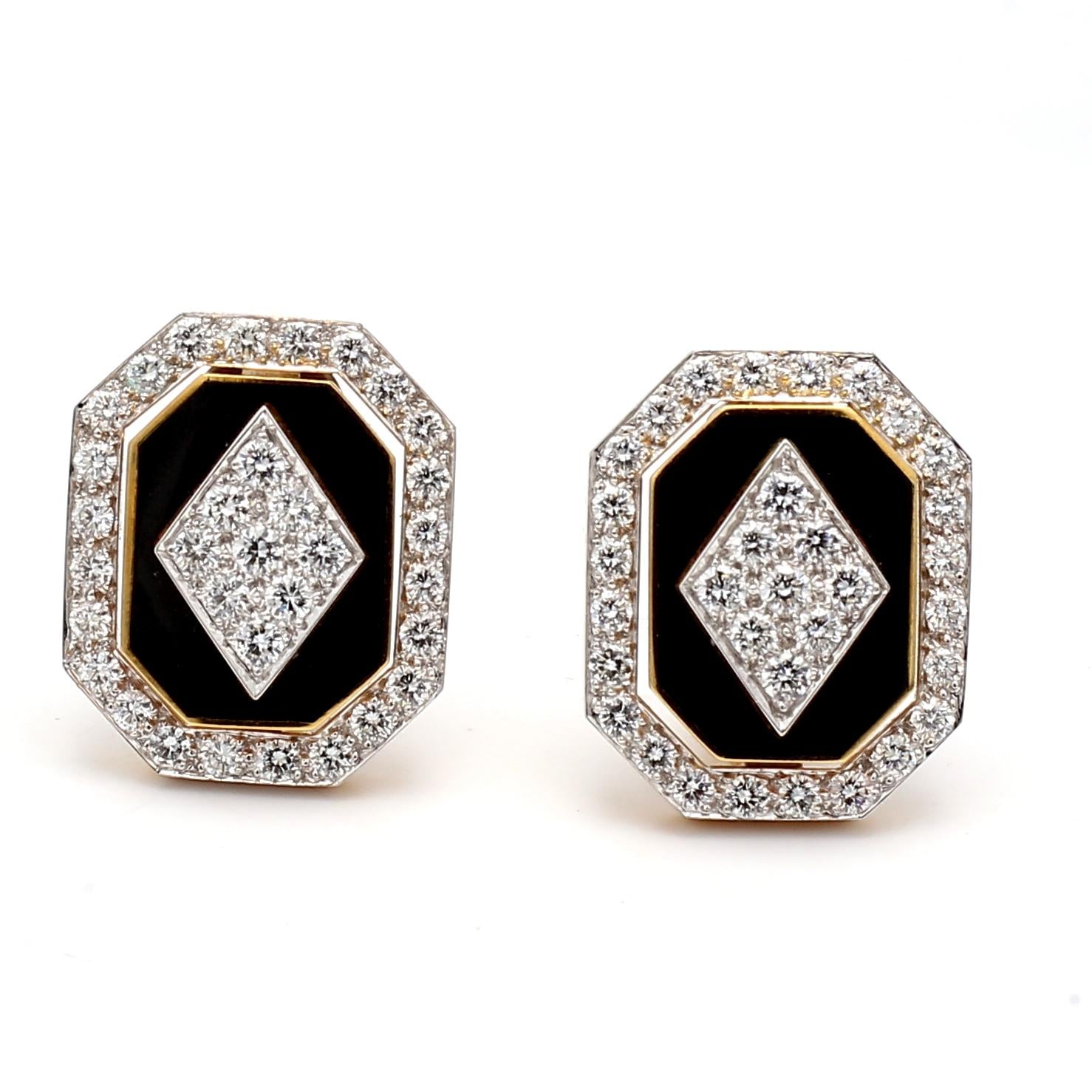 David Webb 18K YG Clip-On Earrings Enamel with 3.3 Carat Round G-VS2 Diamonds