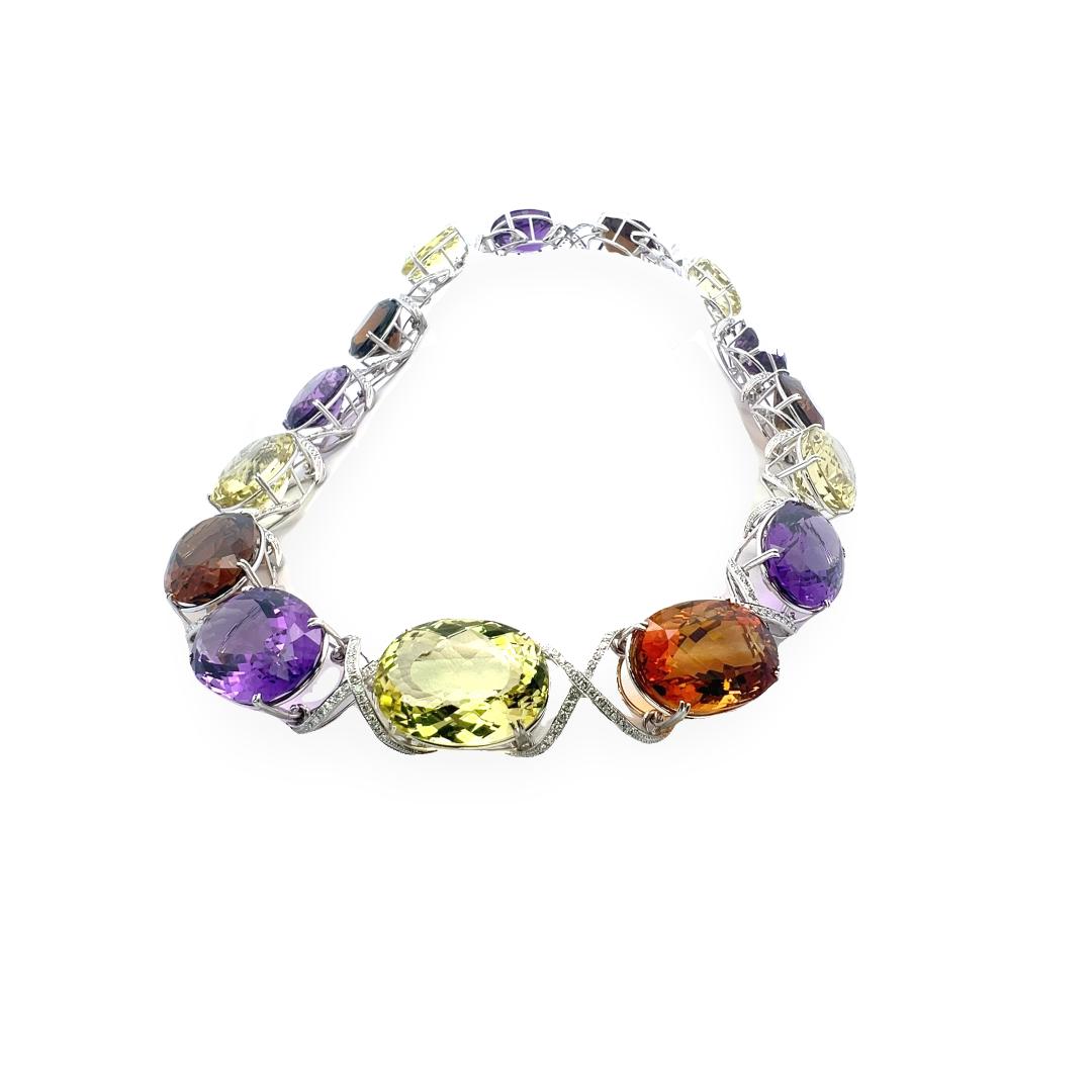 18K WG Collar Necklace 10ct Round H VS1 Diamond 333.3ct Citrine 166.6ct Amethyst