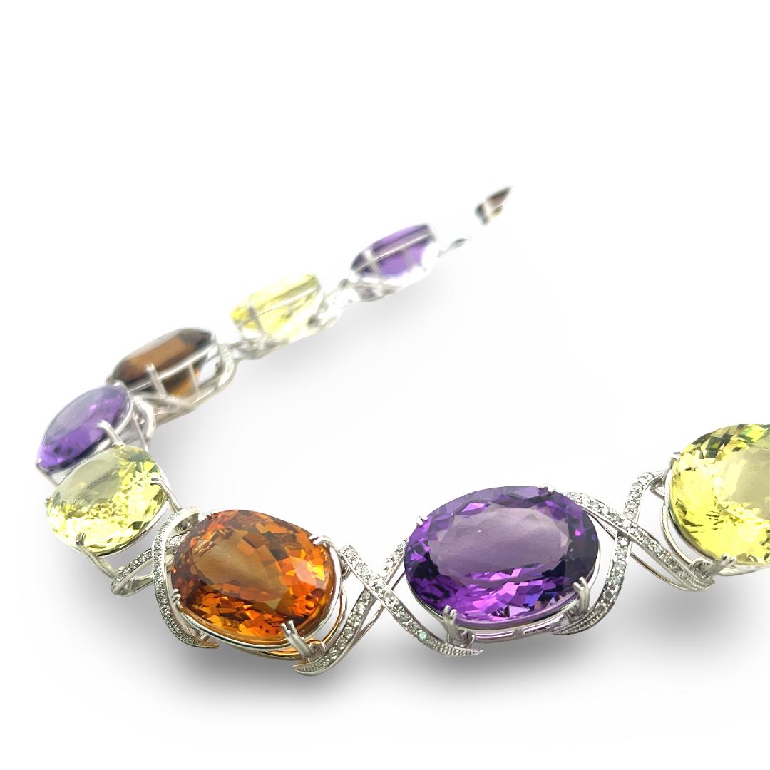 18K WG Collar Necklace 10ct Round H VS1 Diamond 333.3ct Citrine 166.6ct Amethyst