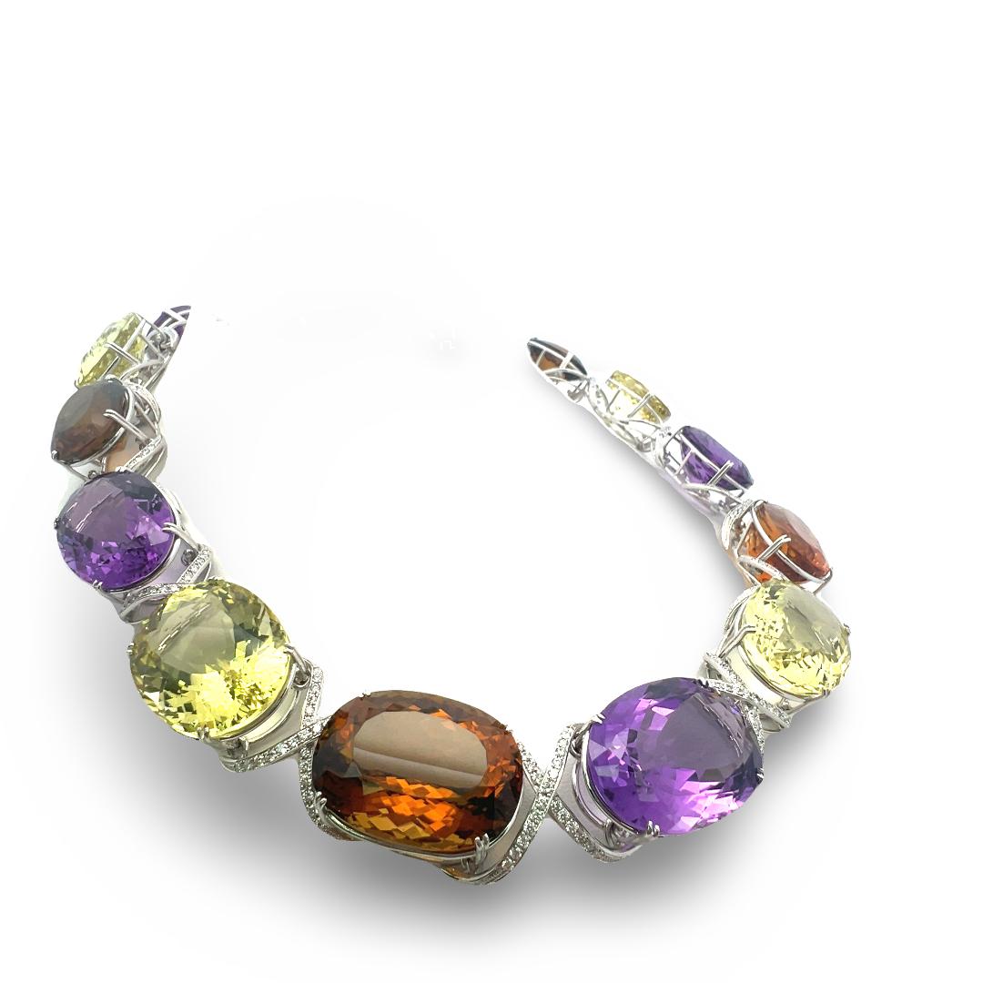 18K WG Collar Necklace 10ct Round H VS1 Diamond 333.3ct Citrine 166.6ct Amethyst