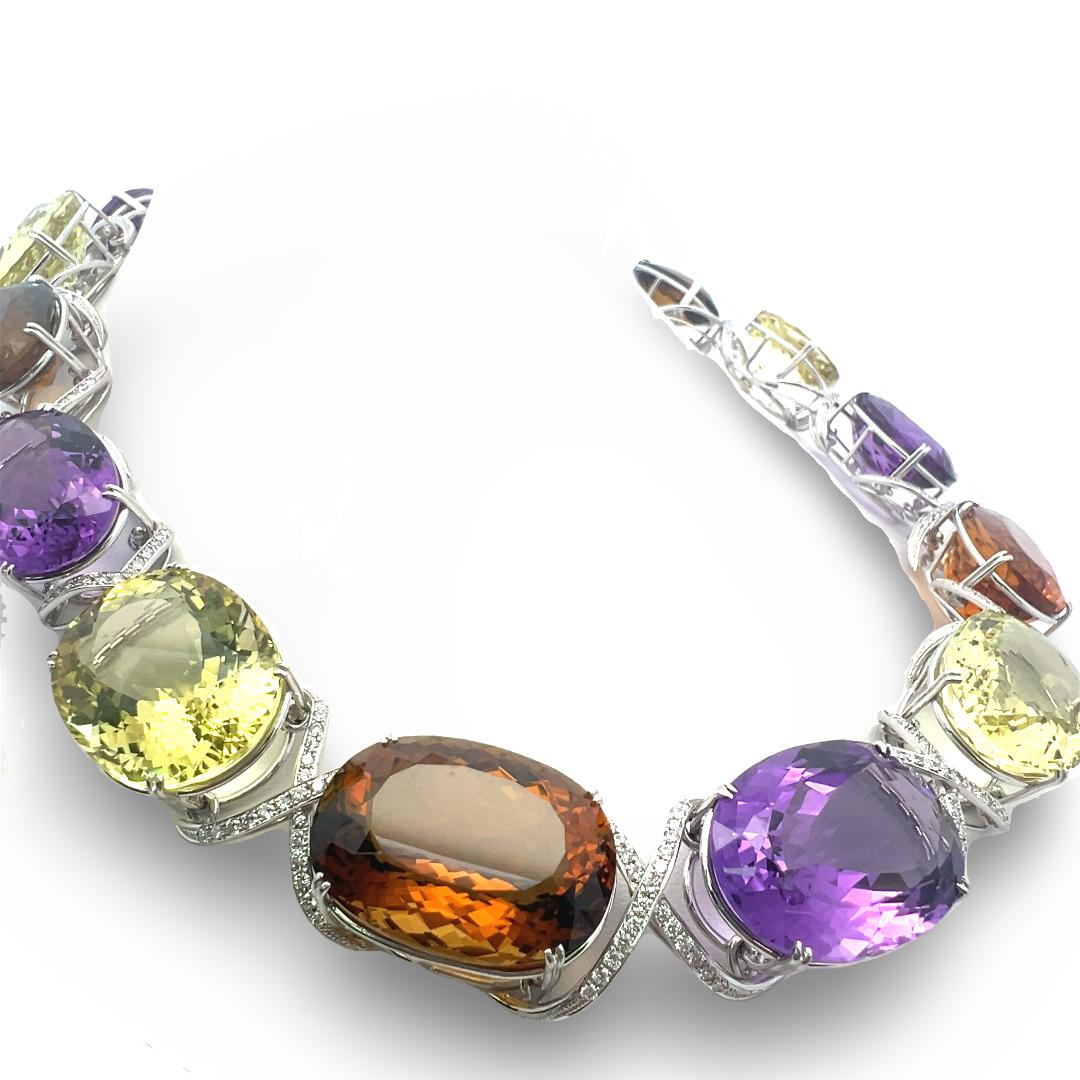18K WG Collar Necklace 10ct Round H VS1 Diamond 333.3ct Citrine 166.6ct Amethyst