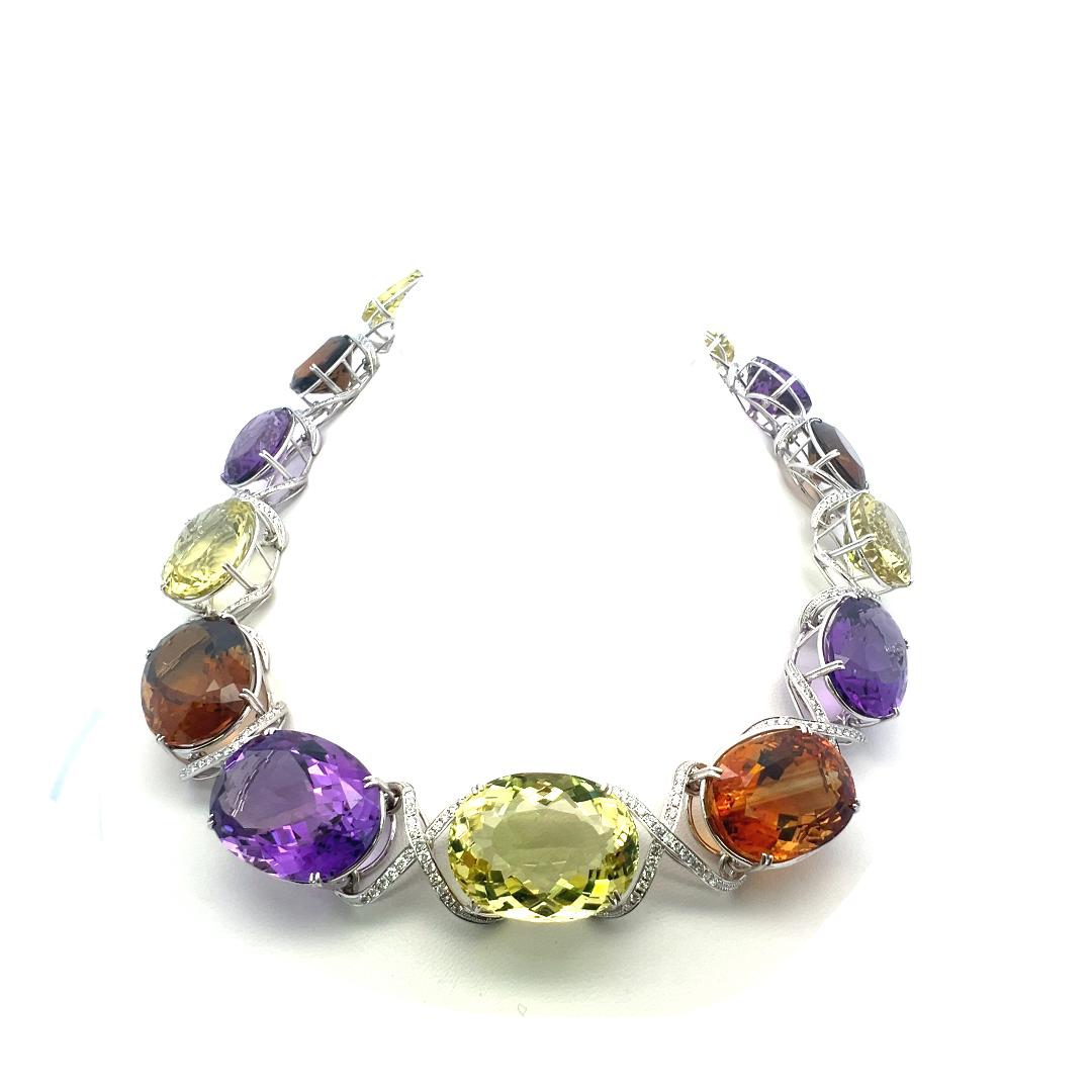 18K WG Collar Necklace 10ct Round H VS1 Diamond 333.3ct Citrine 166.6ct Amethyst
