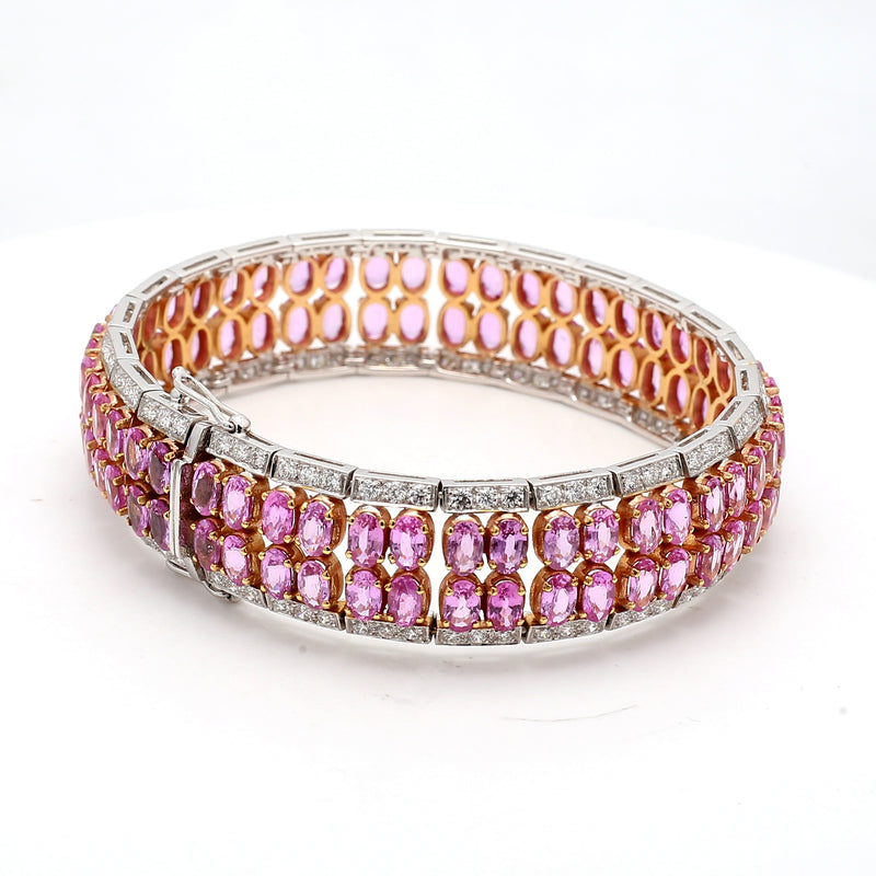 27.87 Carat Pink Sapphire 6.00 Carat Diamond 18 Karat White Gold Gemstone Bracelet